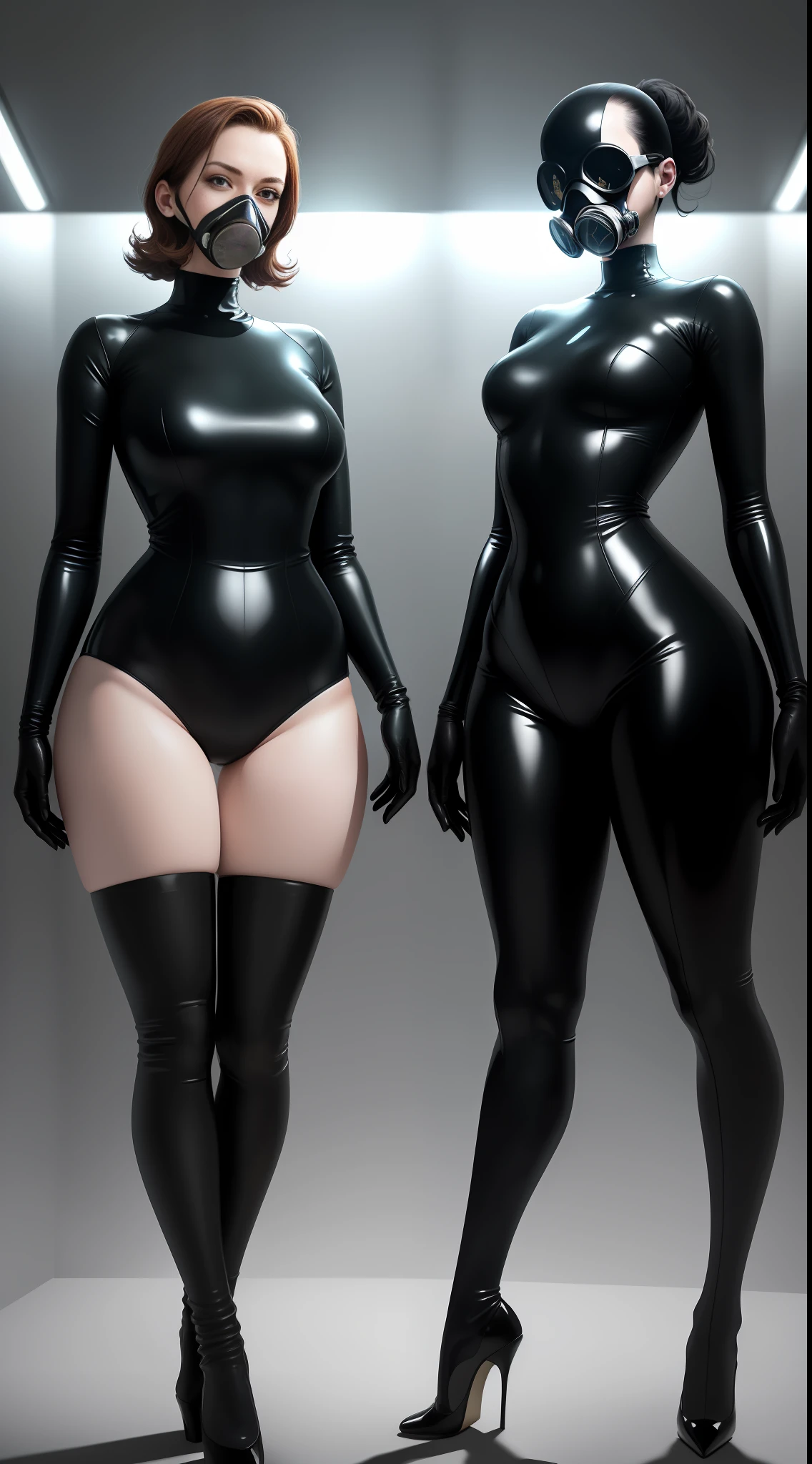 2 women, underwater, black latex suit, gas mask, faceless, elbow long gloves, over-the-knee latex socks, high heels, full body, anatomically correct, UHD, masterpiece, super detail, best quality, anatomically correct, gray background, depth of field, from below