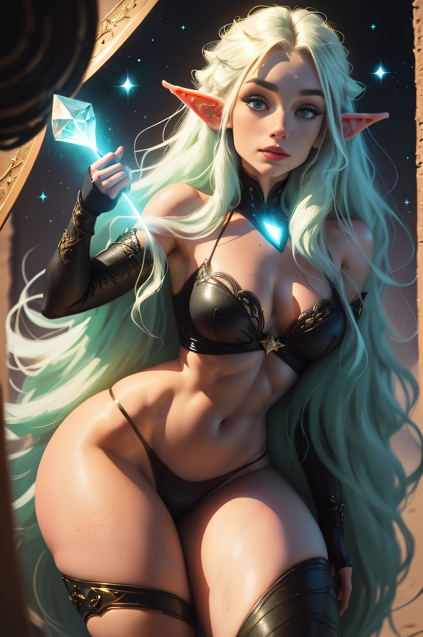 a portrait of a elf girl with freckles and bright striking blue eyes posing for a photo,full body, bare shoulders, muscular, fit, defined abs, thongs, (prominent cameltoe) white freckles, long flowing green hair flying, glowing radiance, beautiful pale makeup, color portrait, stunning portrait, elegant freckles, wearing black thongs with glowing runes of power, black gloves, star-shine, gold dust spread across her skin and her face, (dark, hyper-realistic photos (((portrait))) refraction ,Dark background of magical night forest, deep woods, towering ruins, starlight skies