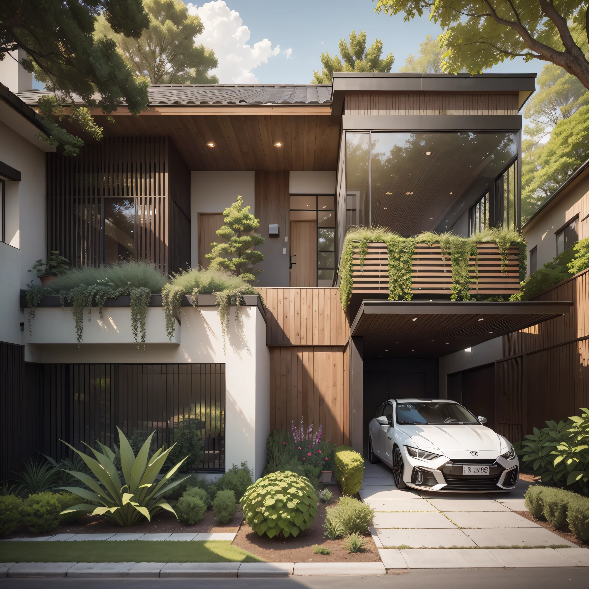 A modern house with a façade showcasing wooden details and a spacious garage, surrounded by a well-manicured garden with vibrant flowers and neatly trimmed hedges. The house has large windows that allow ample natural light to flood the interior, and a front porch adorned with potted plants. The wooden details on the façade include intricately carved patterns and decorative elements, adding a touch of elegance to the overall design. The garage features a sleek, automatic door and has enough space to accommodate two cars. The house exudes a sense of contemporary style and sophistication, combining the warmth of wood with modern architectural elements. Photography, captured with a wide-angle lens (24mm), highlighting the intricate wooden details, --ar 16:9 --v 5