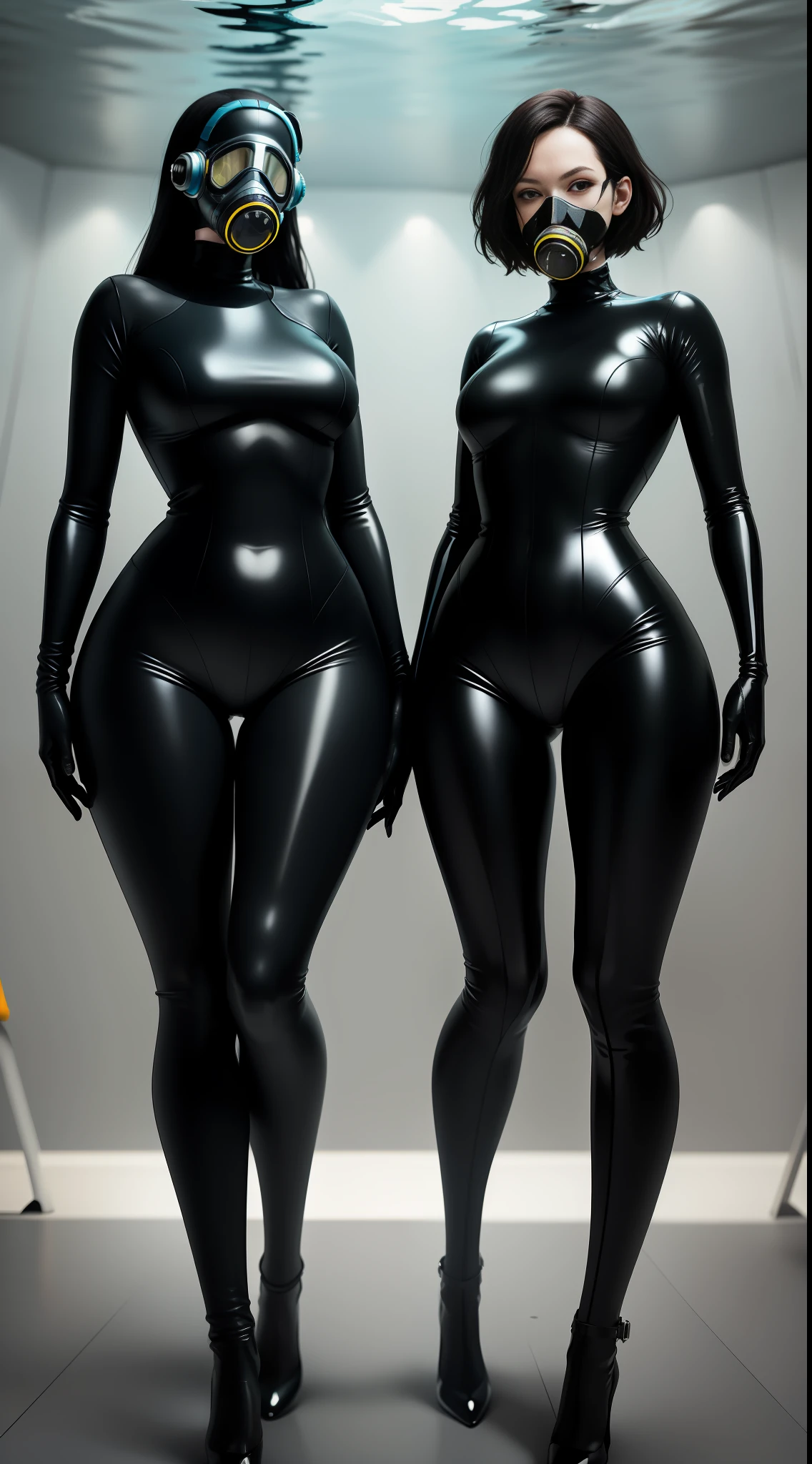 2 women, underwater, black latex suit, gas mask, faceless, elbow long gloves, over-the-knee latex socks, high heels, full body, anatomically correct, UHD, masterpiece, super detail, best quality, anatomically correct, depth of field, from below