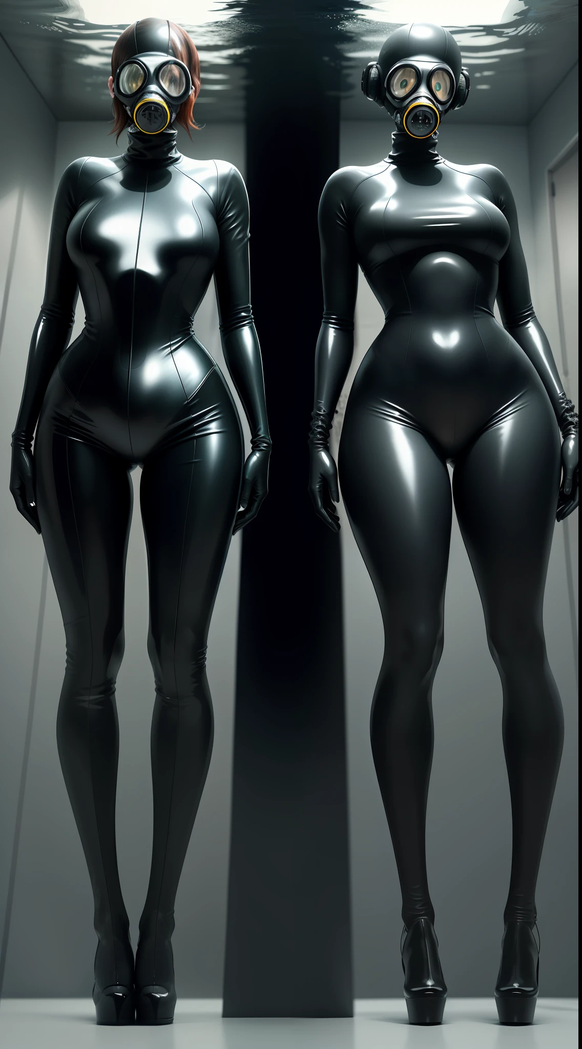 2 women, underwater, black latex suit, gas mask, faceless, elbow long gloves, over-the-knee latex socks, high heels, full body, anatomically correct, UHD, masterpiece, super detail, best quality, anatomically correct, depth of field, from below