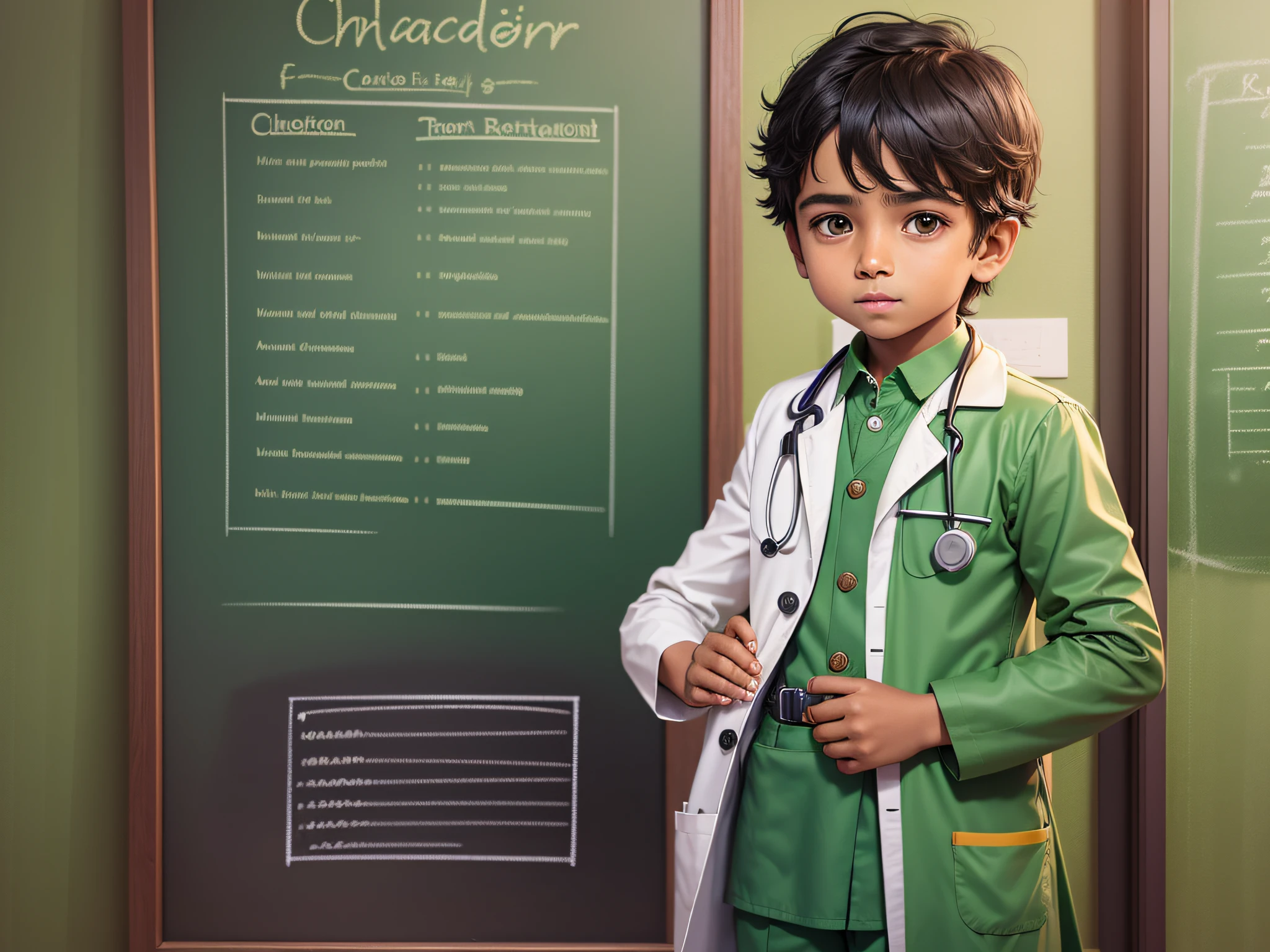 Kids and education concept - Small indian boy and girl posing in front of Green chalk board in engineers fancy dress and doctor costume with stethoscope --auto --s2