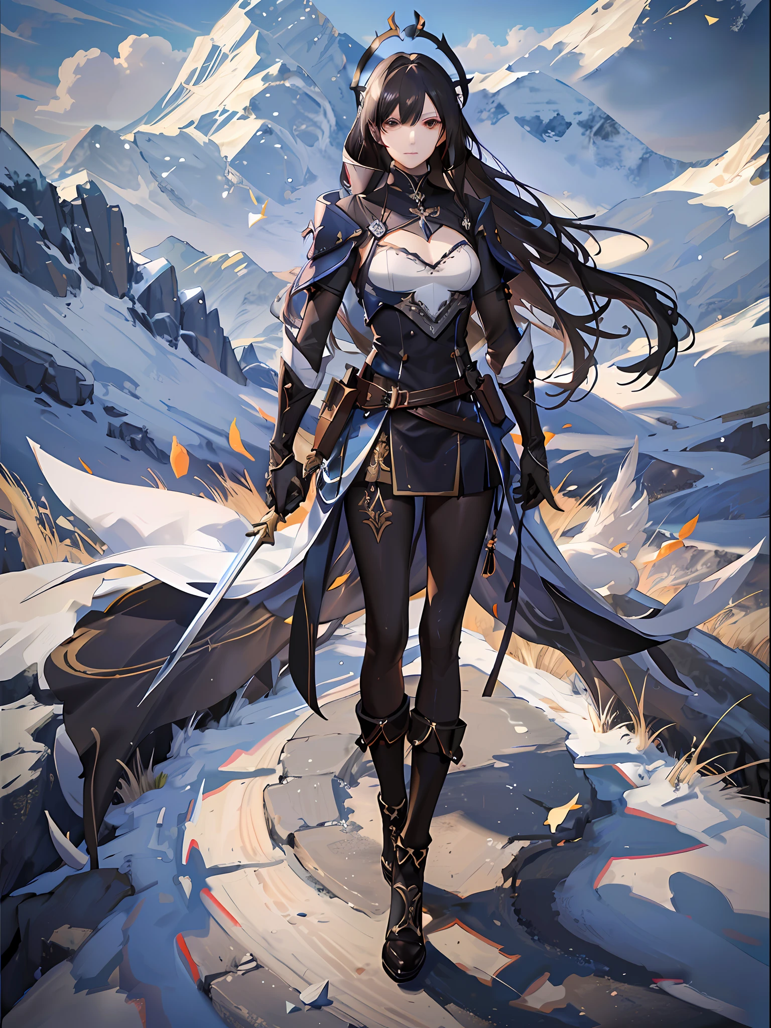 ((Best quality)), ((masterpiece)), (detailed:1.4), 3D, 1 man, an image of a black hair guy, handsome man, wearing regal outfit, medieval core, standing on th le top of the mountain, sword master, HDR (High Dynamic Range),Ray Tracing,NVIDIA RTX,Super-Resolution,Unreal 5,Subsurface scattering,PBR Texturing,Post-processing,Anisotropic Filtering,Depth-of-field,Maximum clarity and sharpness,Multi-layered textures,Albedo and Specular maps,Surface shading,Accurate simulation of light-material interaction,Perfect proportions,Octane Render,Two-tone lighting,Wide aperture,Low ISO,White balance,Rule of thirds,8K RAW