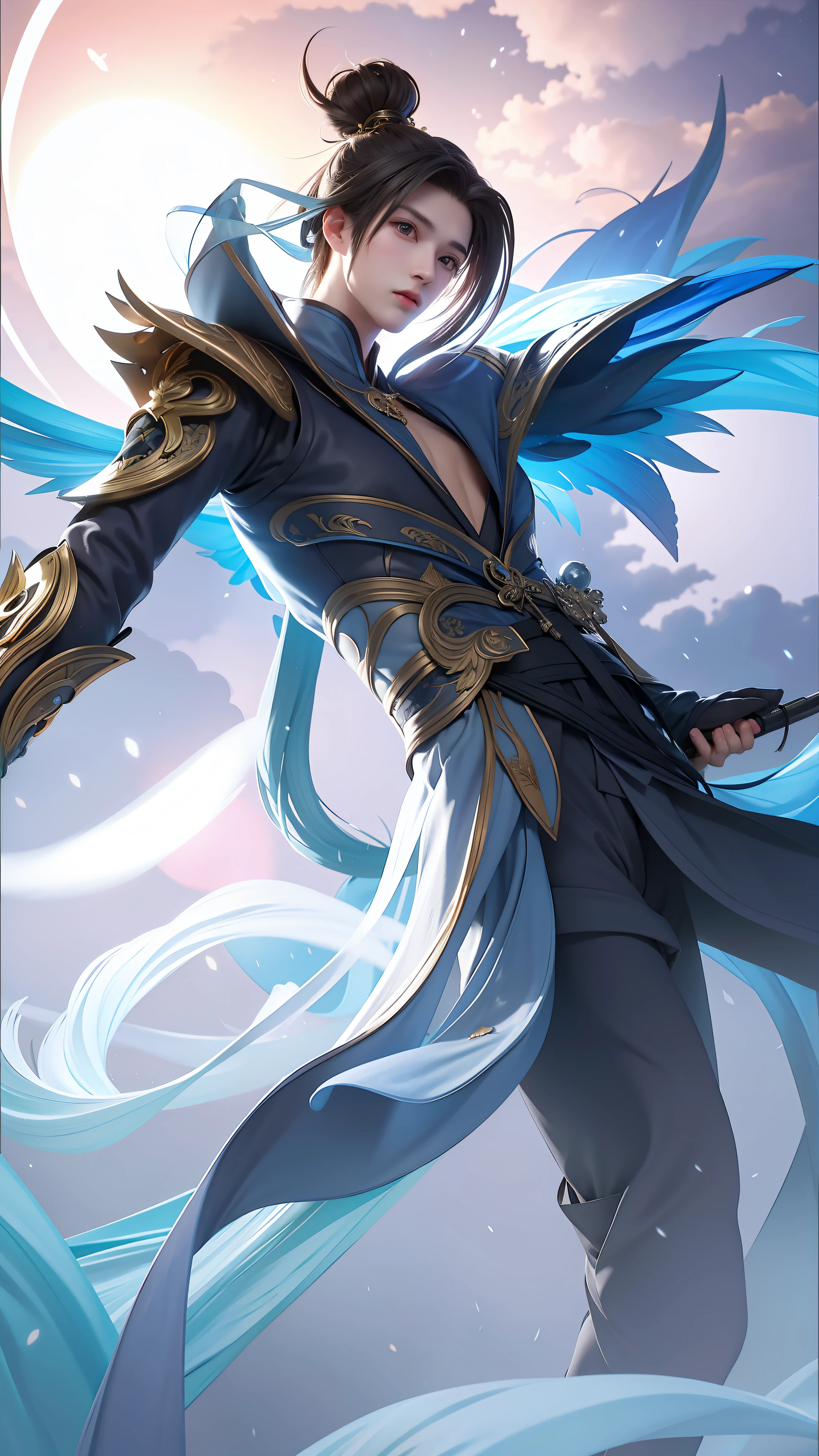 Masterpiece, best quality, night, hills, clouds, full moon, long hair, man, 1boy, silhouette, firefly, holding a sword, Hanfu, wearing a long Hanfu, cicadas,
