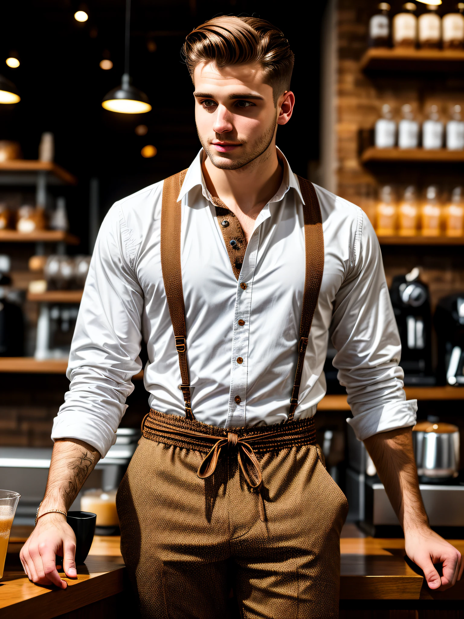 light and bright, 8k, waist length photo of a 25-year-old with brown hair and no beard, intricate detailed, realistic texture, dynamic composition, high contrast, man is barista