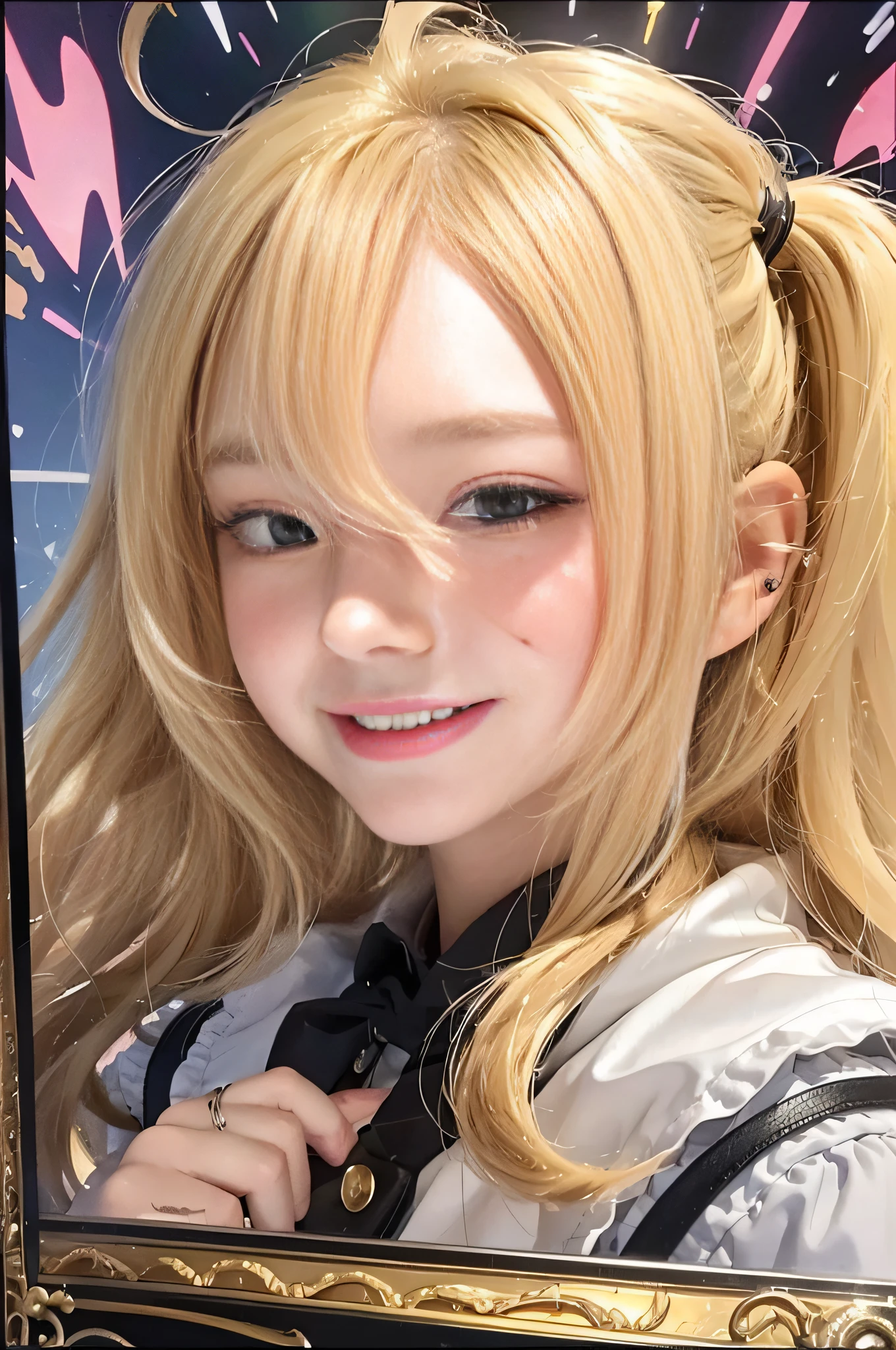 12 years old girl, hair bubbles, cringe, long eyelashes, solid round eyes, light smile, ear blush, fangs, blonde, ahoge, mole under eyes, shyness, shadow, relief, diorama drawing, tachi-e, pov, atmospheric perspective, outer border, bust chart, 8k, super detail, best quality --auto --s2