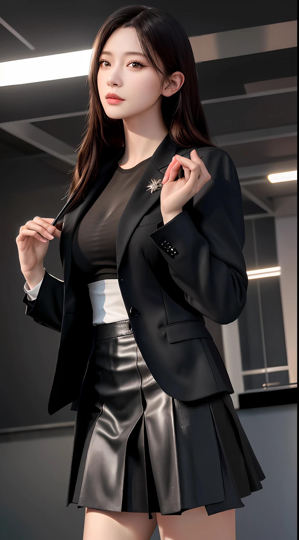 best quality, masterpiece, 1girl, Beautiful face, (photo realistic:1.3), rim lighting, (high detailed skin:1.2), 8k uhd, dslr, high quality, high resolution, 4k, 8k, Bokeh, absurdres, best ratio four finger and one thumb, (realistic:1.3), cute 1girl, wearing black formal blazer, medium breasts, short skirt,