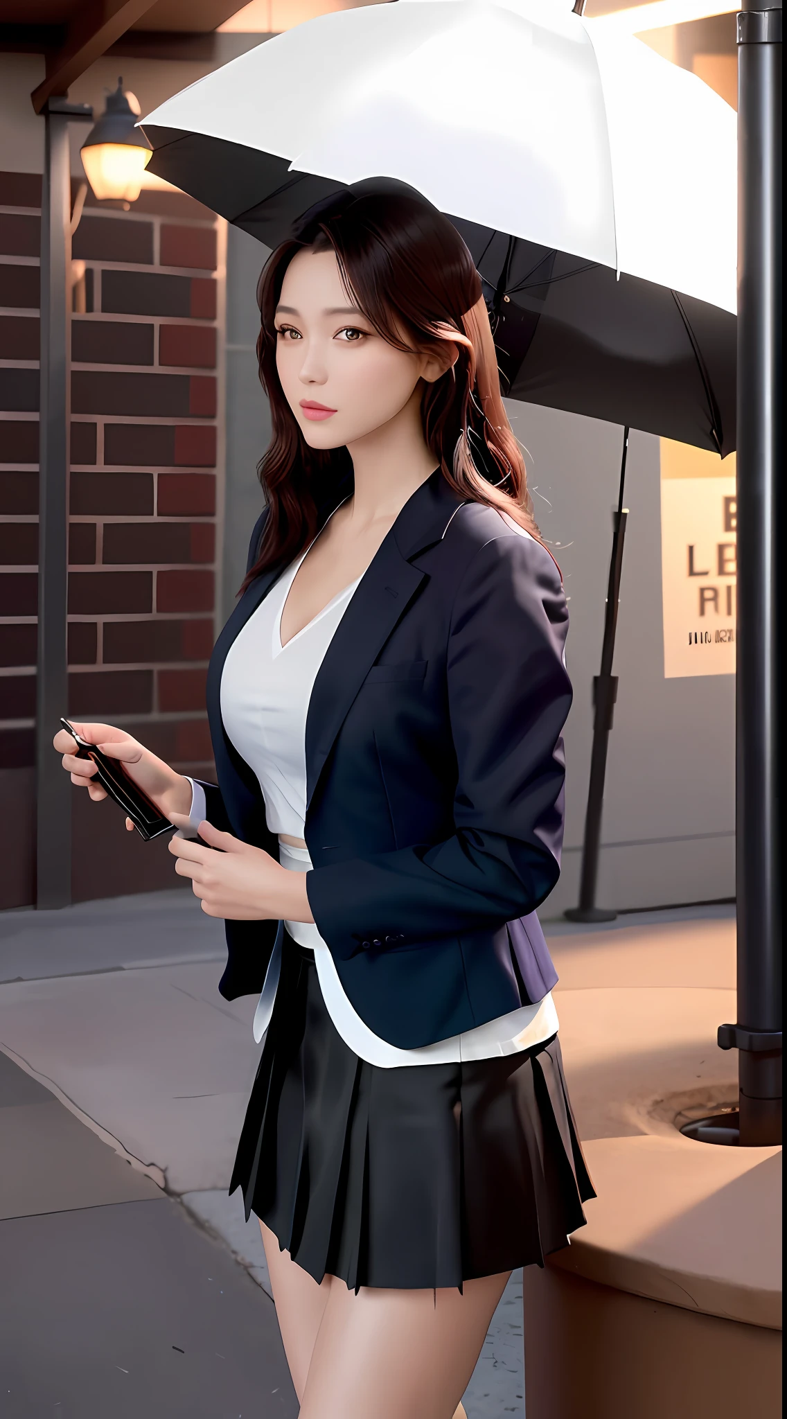 best quality, masterpiece, 1girl, Beautiful face, (photo realistic:1.3), rim lighting, (high detailed skin:1.2), 8k uhd, dslr, high quality, high resolution, 4k, 8k, Bokeh, absurdres, best ratio four finger and one thumb, (realistic:1.3), cute 1girl, wearing black formal blazer, medium breasts, short skirt,