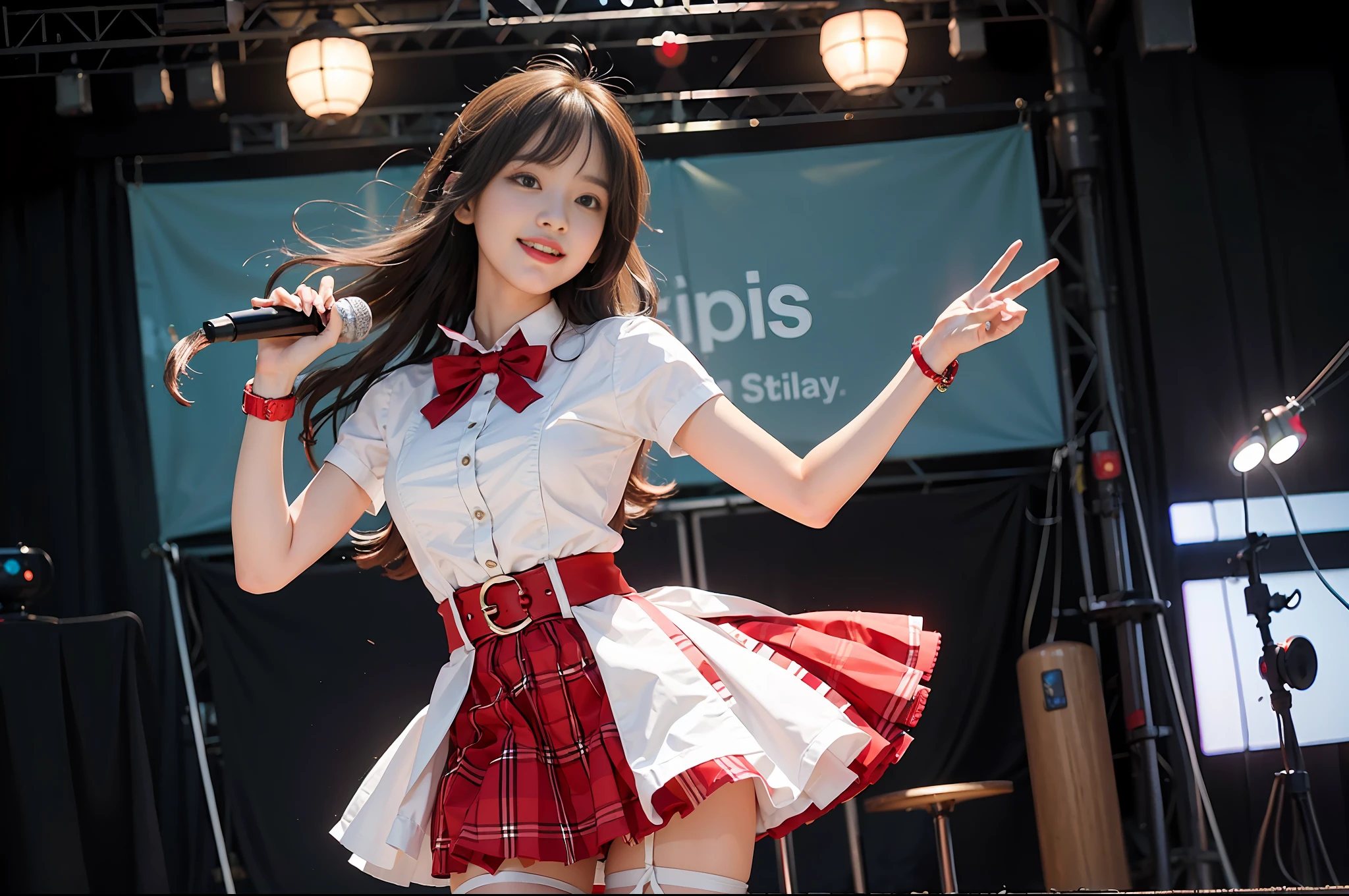 Circular image, (Representative work: 1.3), (Best quality: 1.2), (Masterpiece), High quality, High definition, (Five Persons: 1.4), (Round image)), (Fisheye)), [(White background: 1.1): 5], [(Colorful idol stage: 1): 5], 5 age girls singing together, cute, floating, [(Cute idol costume in red and white: 1.2): 5] {{ {Five persons}}}}, ((good anatomy: 1.2)), ((red)) half twin (red and (white)), pantyhose, smiling, mouth open, (random pose), watch viewer, fluffy miniskirt, ((plaid: 1.2)), ribbon, (((just cute)), non-exposed, perfect body, perfect number of legs, perfect fingers {{{5 fingers}}}