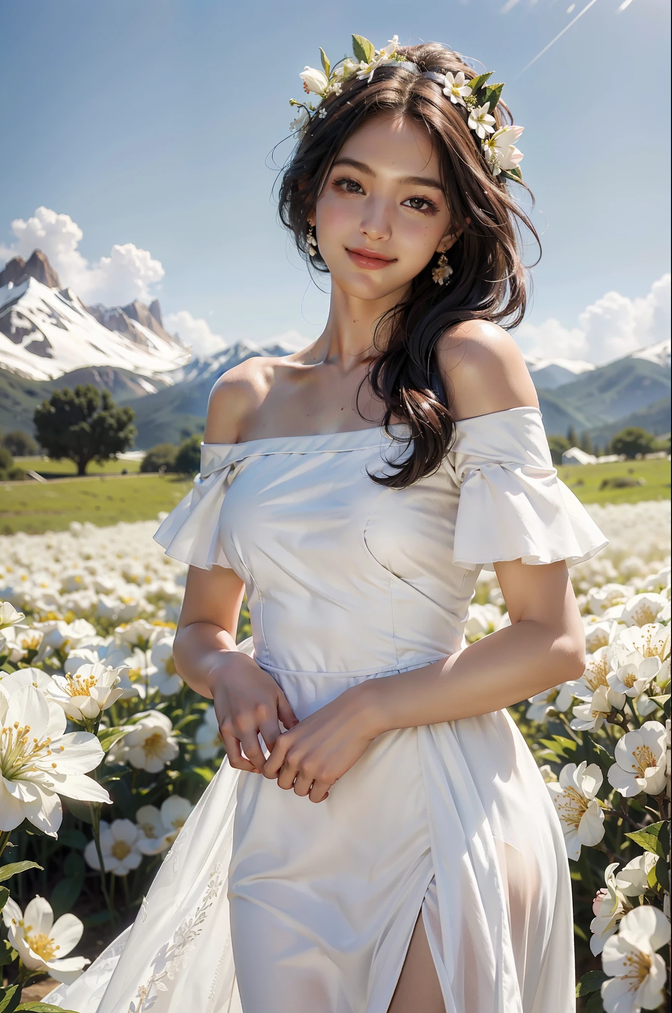 Best quality, masterpiece, ultra high res, (photorealistic:1.4), raw photo, 1girl, white dress, off shoulder, blossom flower field, glowing skin, light smile