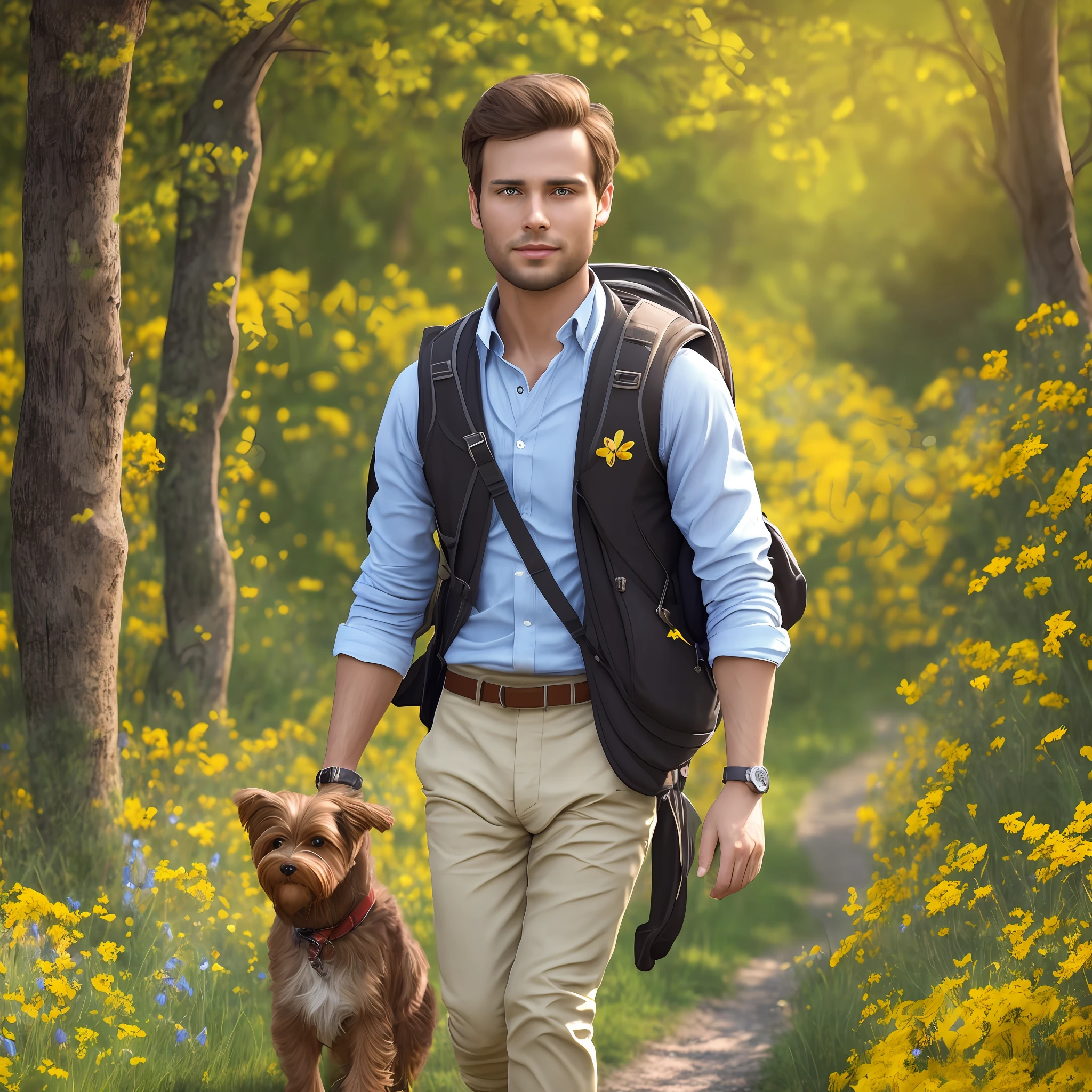 An incredibly charming futuristic young man, brown hair carrying a backpack, accompanied by his adorable yorkishire puppy, enjoying a beautiful spring walk surrounded by beautiful yellow, red and blue flowers, and natural landscapes. The illustration is in high definition in 8k resolution, with highly detailed facial features and visual style, realistic definition, realistic 3D (Butterfly Dance) --auto --s2