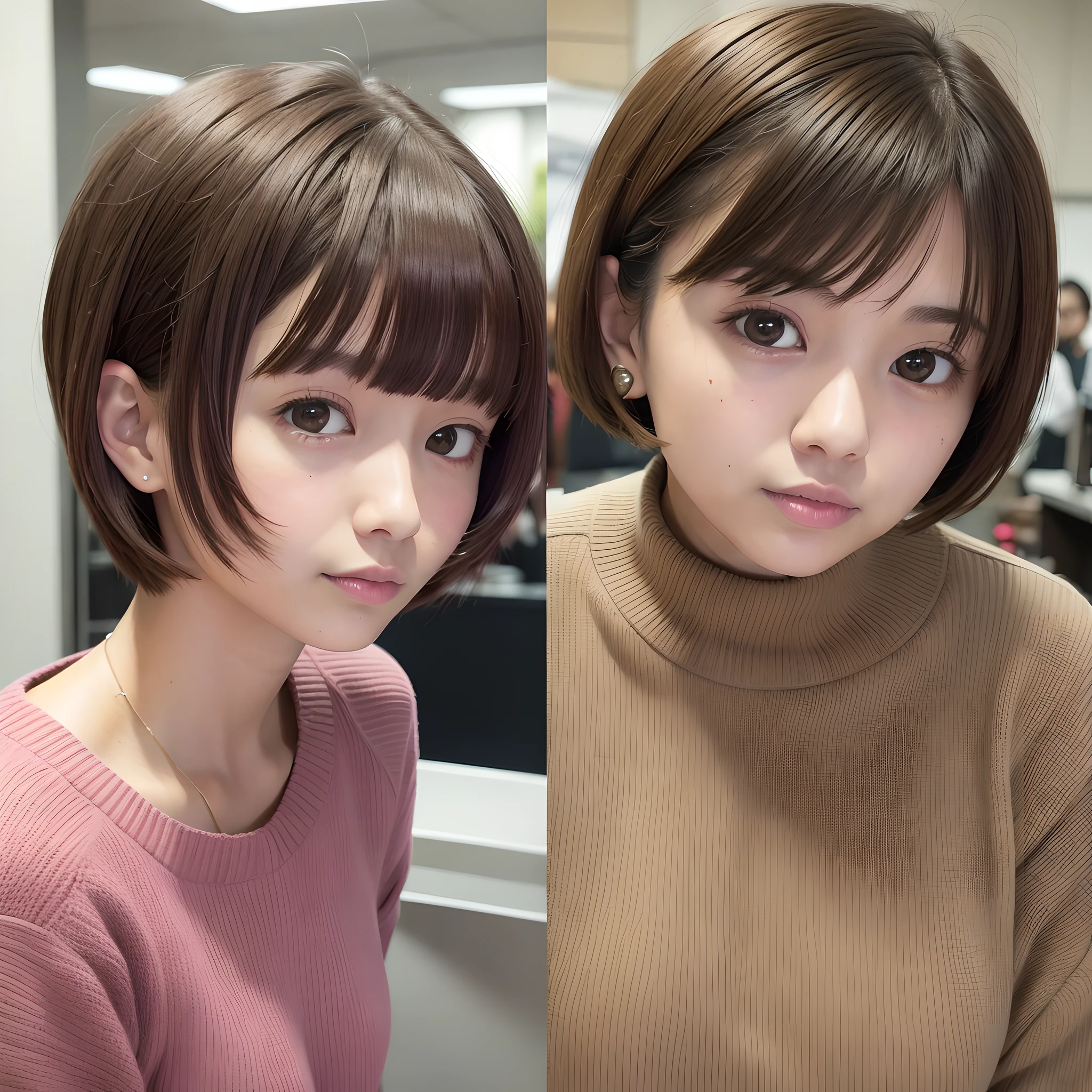 arafed woman with a short brown hair and a pink sweater, with short hair, short brown hair with bangs, with short hair with bangs, ayaka, with short straight brown hair, the hime cut, chiho, with bangs, 奈良美智, takada akemi, with a brown fringe, aoshima chiho
