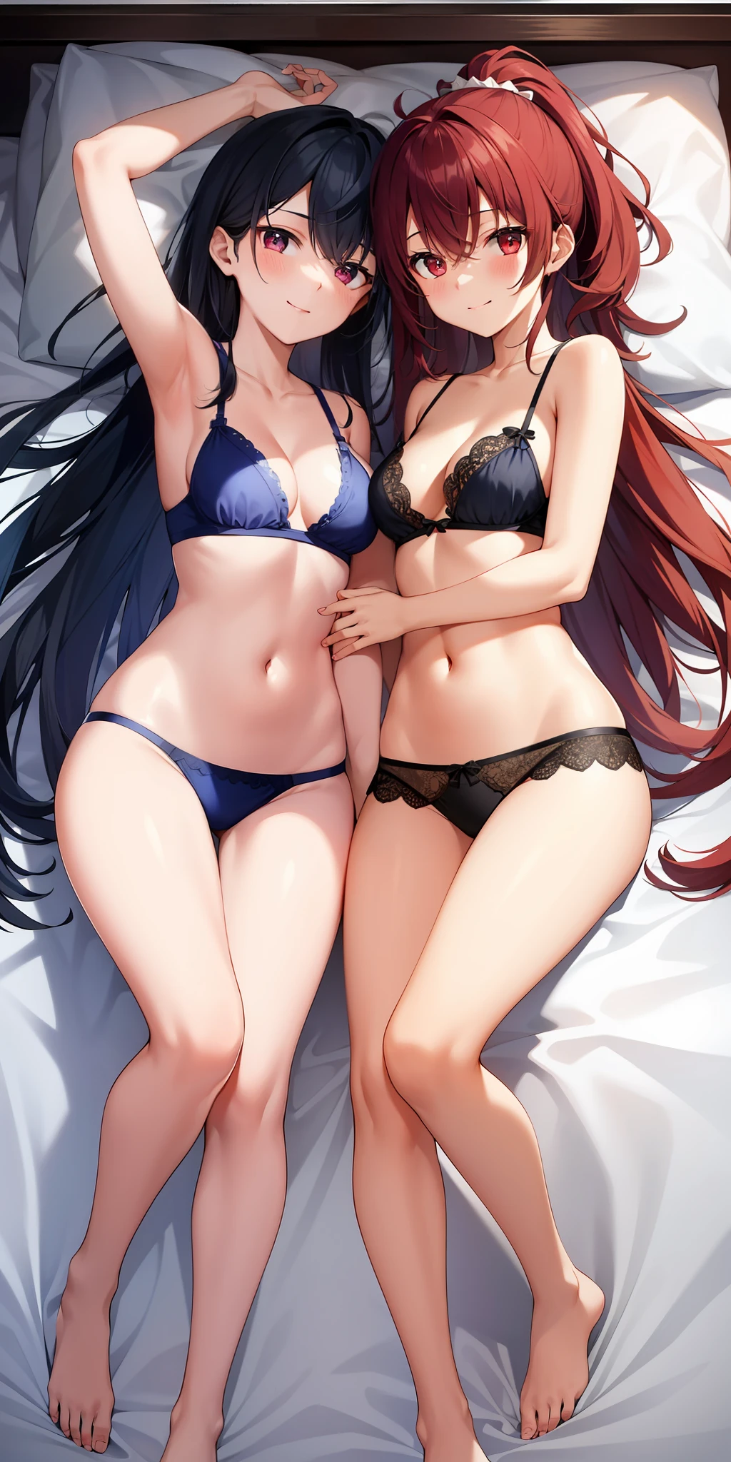 Both young girls were just dressed in underwear, unbuttoned, loose clothes, lying on the bed, blushing with their bodies exposed. The girl on the right is lying down, almost naked, only bra and panties, dark red eyes, red underwear and high ponytail, smiling, more mature; The one on the left is dark blue underwear, light blue eyes, long dark blue hair hanging down to the waist, and his hands are clasped together, as if wondering something. The two communicate with each other, their bodies are close together, and the atmosphere is very warm. The whole picture is under soft lighting, full of rich warm atmosphere. 4k，