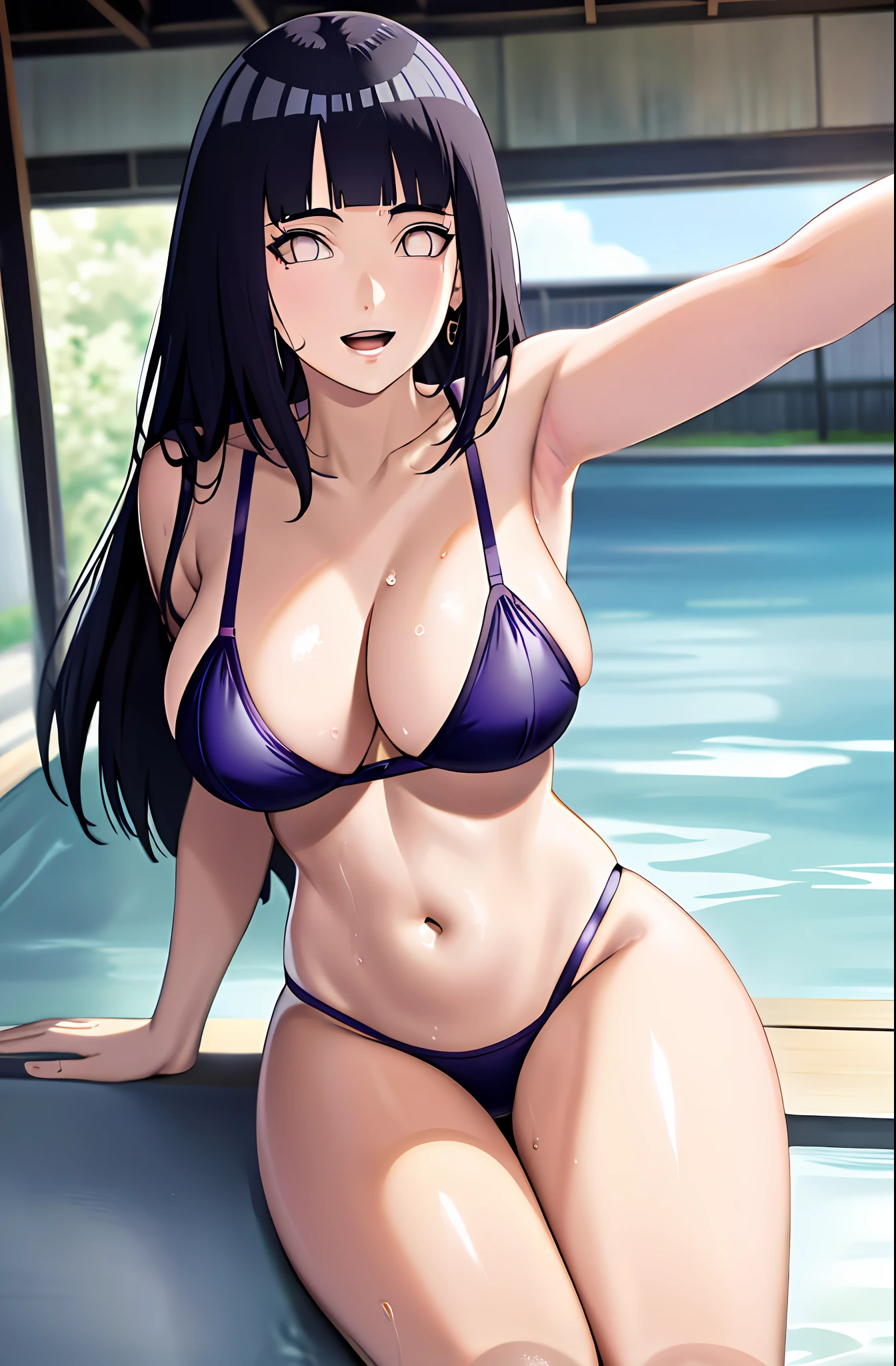 Hinata,1girl,solo, beautiful, thicc thighs, huge breasts, wearing purple gradient babydoll dress, in swimming pool,pure eyes, realistic pupils, highly details eye, perfect anatomy, good anatomy, good composition, armpits, sweating, Mom, milf, thicc thighs, lubricant skin groin area, oily,skin , masterpiece, best quality, highres, aki1, izayoi aki, solo, large breasts, yellow eyes, indoors, bra, thong, (reaching out:1.2), lying, from above, smile, open mouth, bed, hands behind back,god rays, sparkle, glowing light, UHD, retina, masterpiece, ccurate, anatomically correct, textured skin, high details, super detail, high quality, best quality, 16k, highres