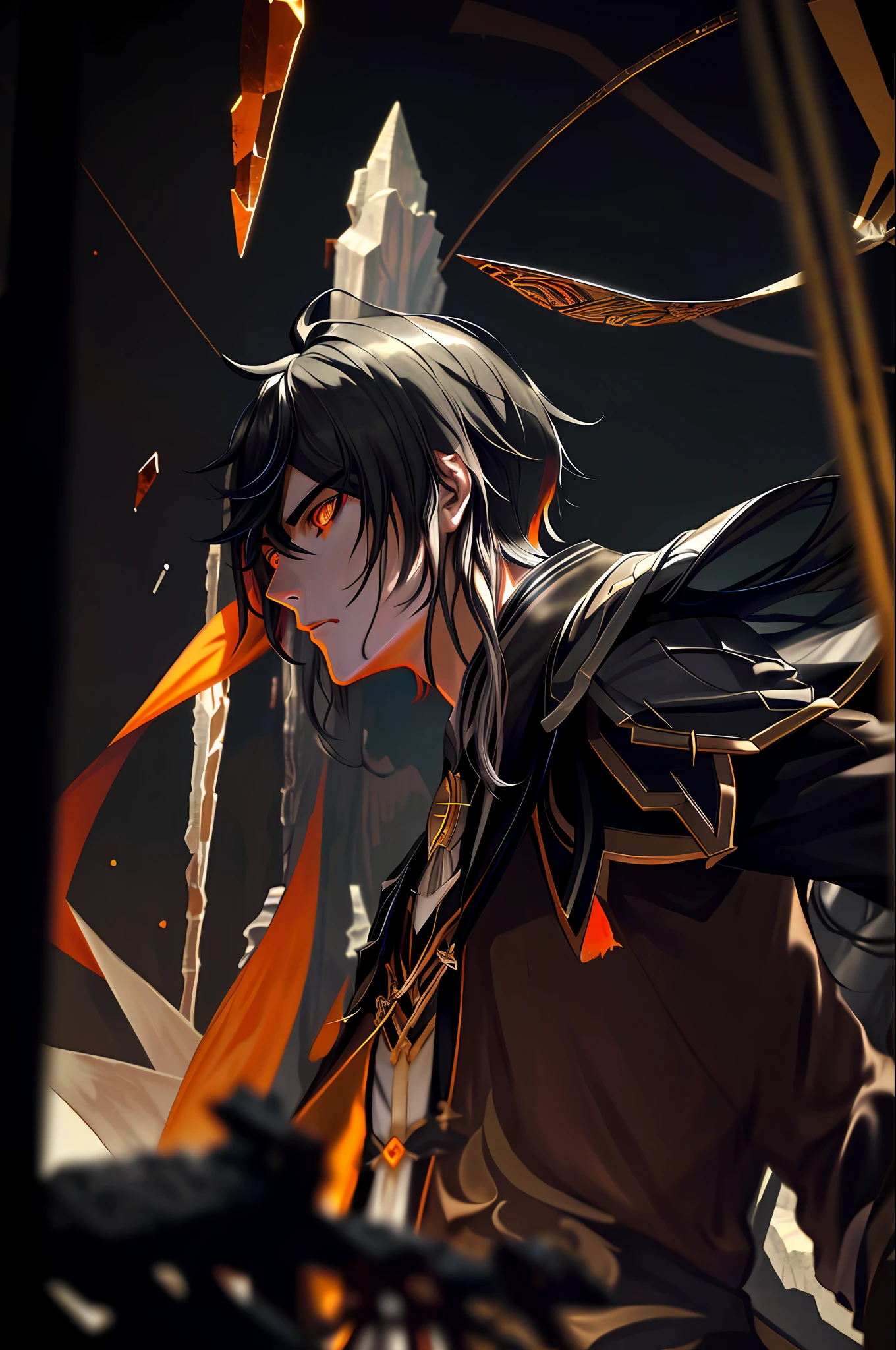 (masterpiece:1.2, best quality), (finely detailed beautiful eyes: 1.2), (detailed background, dark fantasy), (beautiful detailed face), high contrast, (best illumination, an extremely delicate and beautiful), ((cinematic light)), colorful, hyper detail, dramatic light, intricate details, (1 boy, solo, zhongli, sharp face,low twin-tails,orange eyes, hair between eyes,dynamic angle), (blood splatter:1.4), swirling black light around the character, depth of field,black light particles,(broken glass),magic circle,