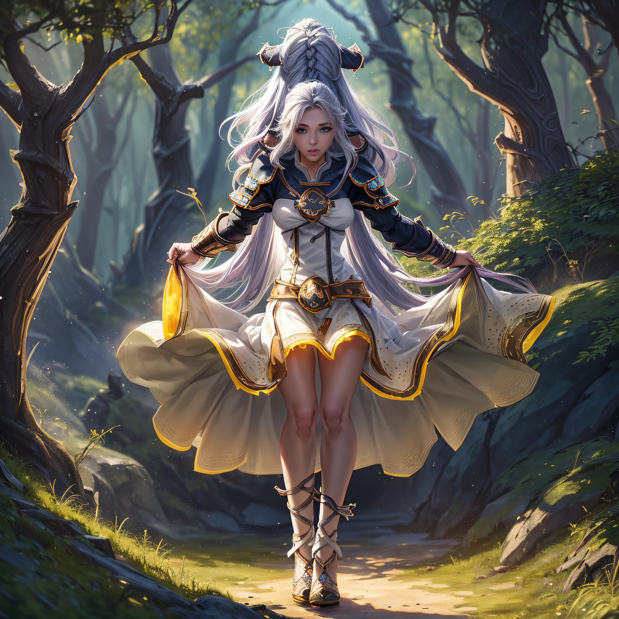 FS, an albino girl with perfect facial features and black hair as long as Rapunzel's, stands against a picturesque forest backdrop. She has a graceful body with a small bust and long, sexy legs. The girl looks stunning in an intricately patterned organza dress. Her high-heeled shoes are elegantly adorned with golden patterns. The backside sunlight creates an outline around her silhouette from behind, while a soft and filling light illuminates her from the front. (creating a wow effect:2),hyper-high detail,cinematic colour --auto --s2