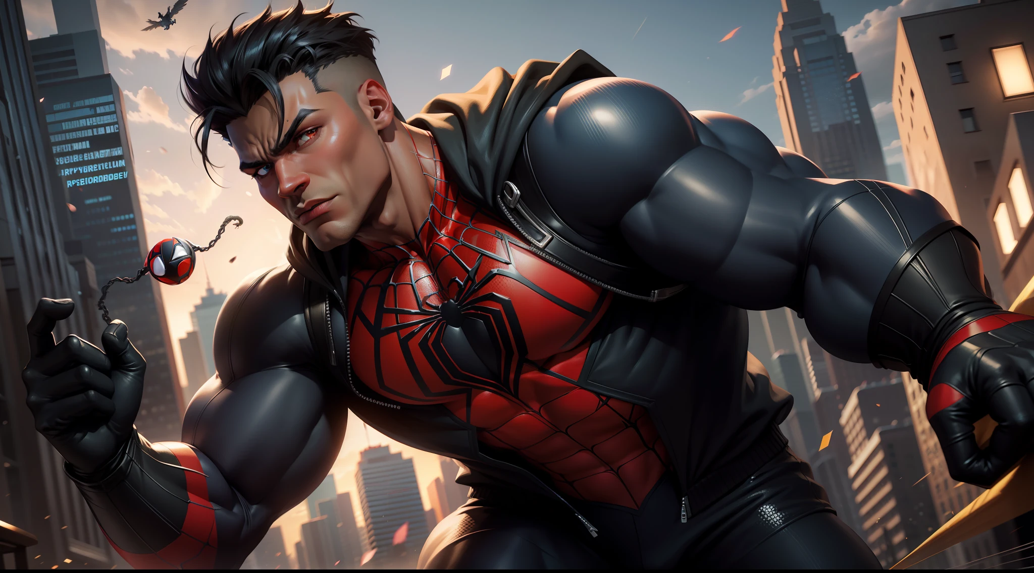 noir spider man super hyper strong muscular hulk - spider - man and spider - man in a dark city, spider - verse art style, into the spiderverse, spiderverse, into the spider verse, futuristic style spiderman, miles morales!!!, 3840 x 2160, 3840x2160, miles morales, hq 4k wallpaper, rendered in sfm, super detailed render