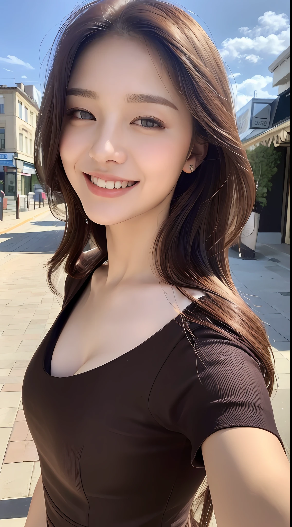 ((Best quality, 8k, Masterpiece :1.3)), 1girl, taking selfie, closeup, smiling, slim face, Pretty woman, (Dark brown hair), full length dress :1.1, Ultra-detailed face, Detailed eyes, Double eyelid,  blur background, slim face, city, outside, street, sunny, sky, Nature