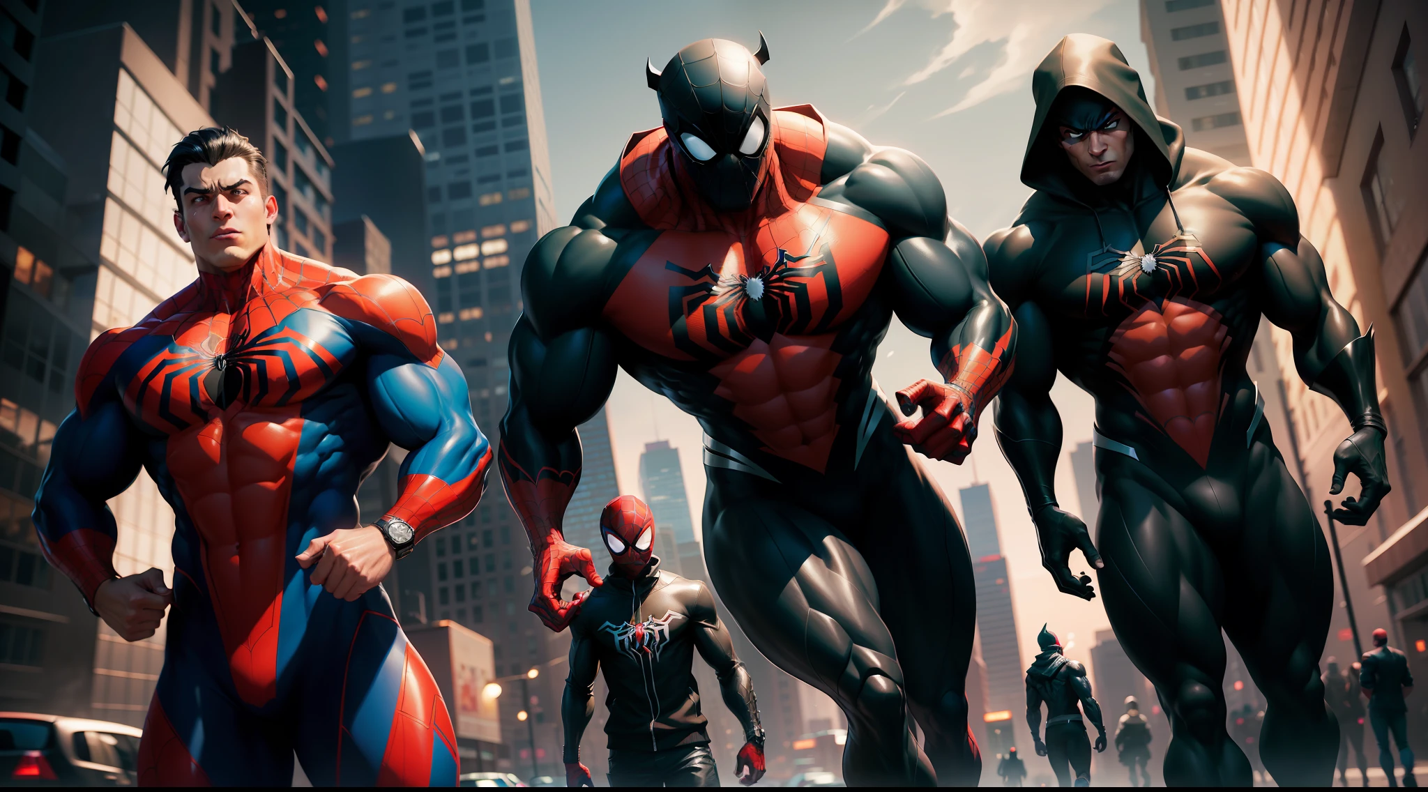 noir spider man super hyper strong muscular hulk - spider - man and spider - man in a dark city, spider - verse art style, into the spiderverse, spiderverse, into the spider verse, futuristic style spiderman, miles morales!!!, 3840 x 2160, 3840x2160, miles morales, hq 4k wallpaper, rendered in sfm, super detailed render