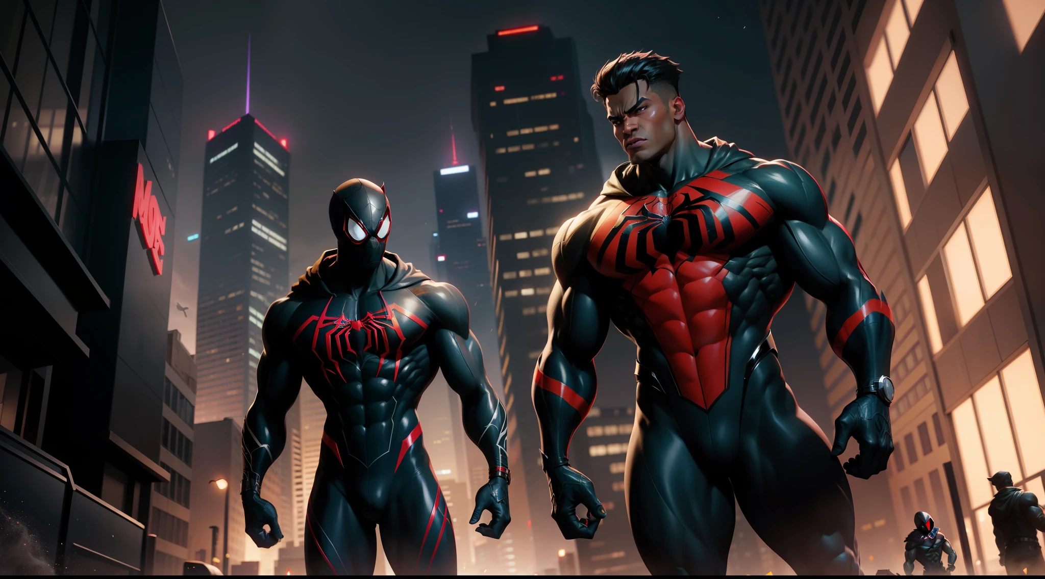 noir spider man super hyper strong muscular hulk - spider - man and spider - man in a dark city, spider - verse art style, into the spiderverse, spiderverse, into the spider verse, futuristic style spiderman, miles morales!!!, 3840 x 2160, 3840x2160, miles morales, hq 4k wallpaper, rendered in sfm, super detailed render