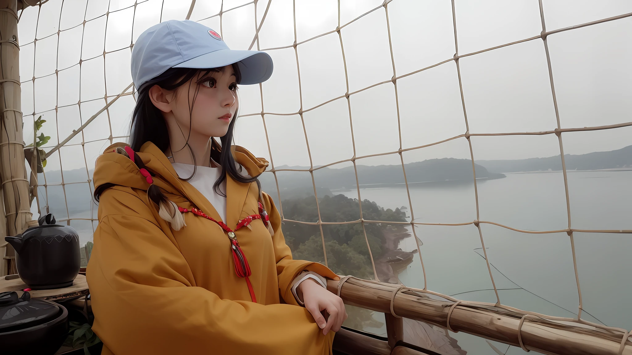 Masterpiece, Best Quality, Official Art, 8k Wallpaper, Very Detailed, Illustration, 1 Girl, Sky Blue Hair, Long Hair, Detailed Eyes, Forrest Gump, Bare Shoulders, Hanfu, Lake, Pure, Soft Smile, bamboo, tea