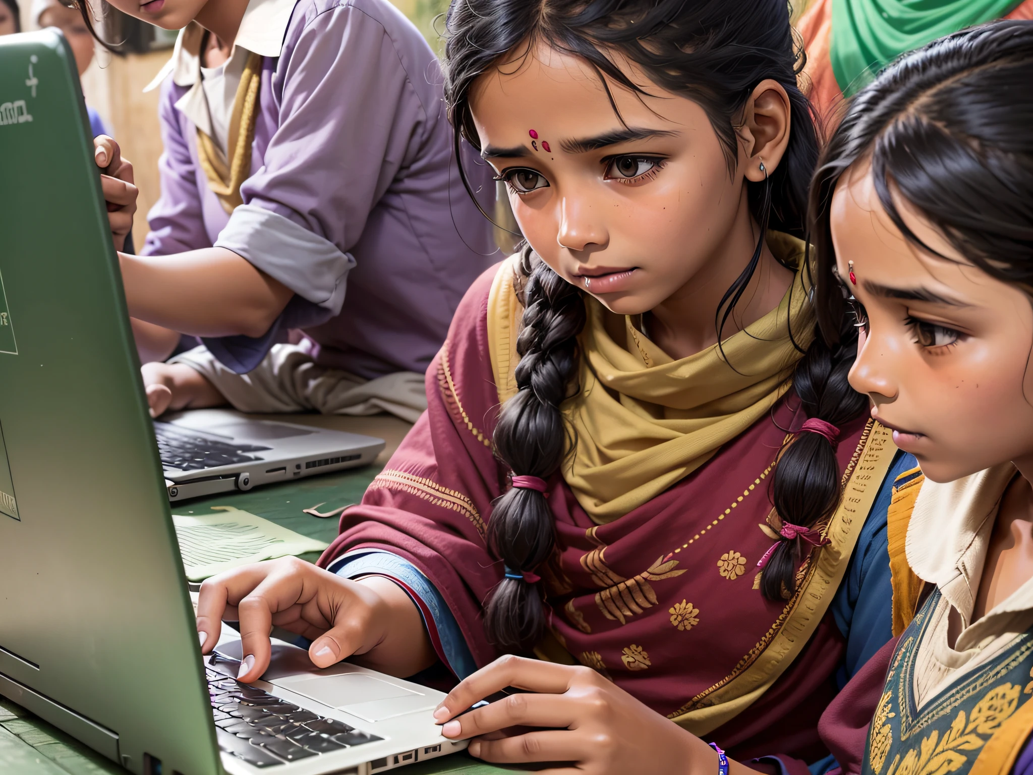 indian village government school girls operating laptop computer system at rural area in india --auto --s2