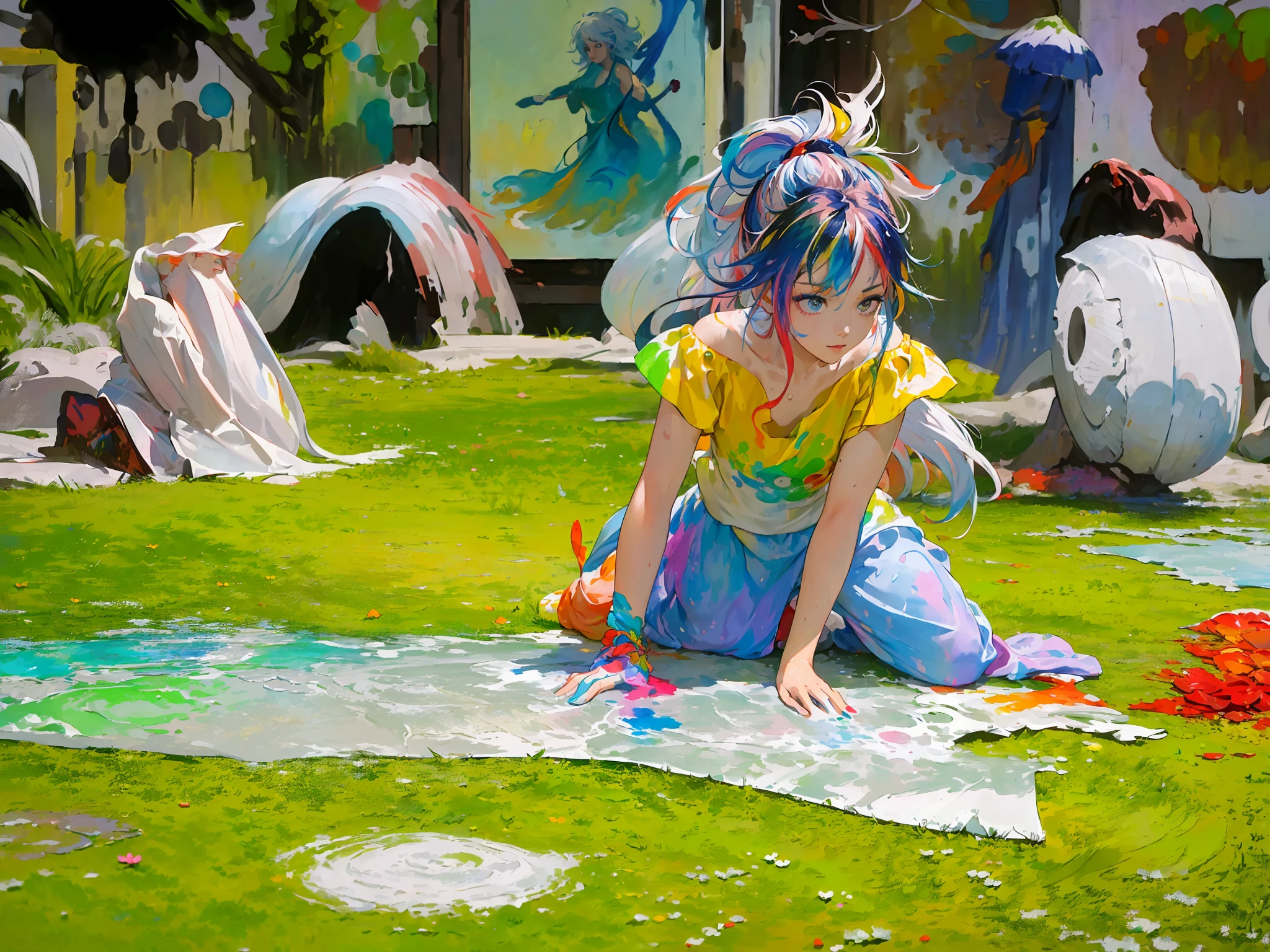 （Pink Fashion T-shirt：1.9），(Colorful hair: 1.8), (all the colours of the rainbow: 1.8),(((((vertical painting：1.6))), （painting：1.6），front, comics, illustrations, paintings, large eyes, crystal clear eyes,（ rainbow color gradient high ponytail：1.7）, exquisite makeup, closed mouth,(Small Fresh: 1.5),(Wipe Chest: 1.6) ，long eyelashes, white off shoulder T-shirt,  White Shoulder Shirt，looking at the audience, large watery eyes, (rainbow colored hair：1.6), color splash, （solo：1.8）, color splash, color explosion, thick paint style, messy lines, ((shining))，(colorful), (colorful), (colorful), colorful, Thick Paint Style, (Splash) (Color Splash), Vertical Painting, Upper Body, Paint Splash, Acrylic Pigment, Gradient, Paint, Highest Image Quality, Highest Quality, Masterpiece, Solo, Depth of Field, Face Paint,  colorful clothes, (Elegant: 1.2), gorgeous,long hair, wind, (Elegant: 1.3), (Petals: 1.4)，(((masterpiece))),(((best quality))),((ultra-detailed)),(illustration),(dynamic angle),((floating)),(paint),((disheveled hair)),(solo),(1girl) , (((detailed anima face))),((beautiful detailed face)),collar,bare shoulders,white hair, ((colorful hair)),((streaked hair)),beautiful detailed eyes,(Gradient color eyes),(((colorful eyes))),(((colorful background))),(((high saturation))),(((surrounded by colorful splashes))),