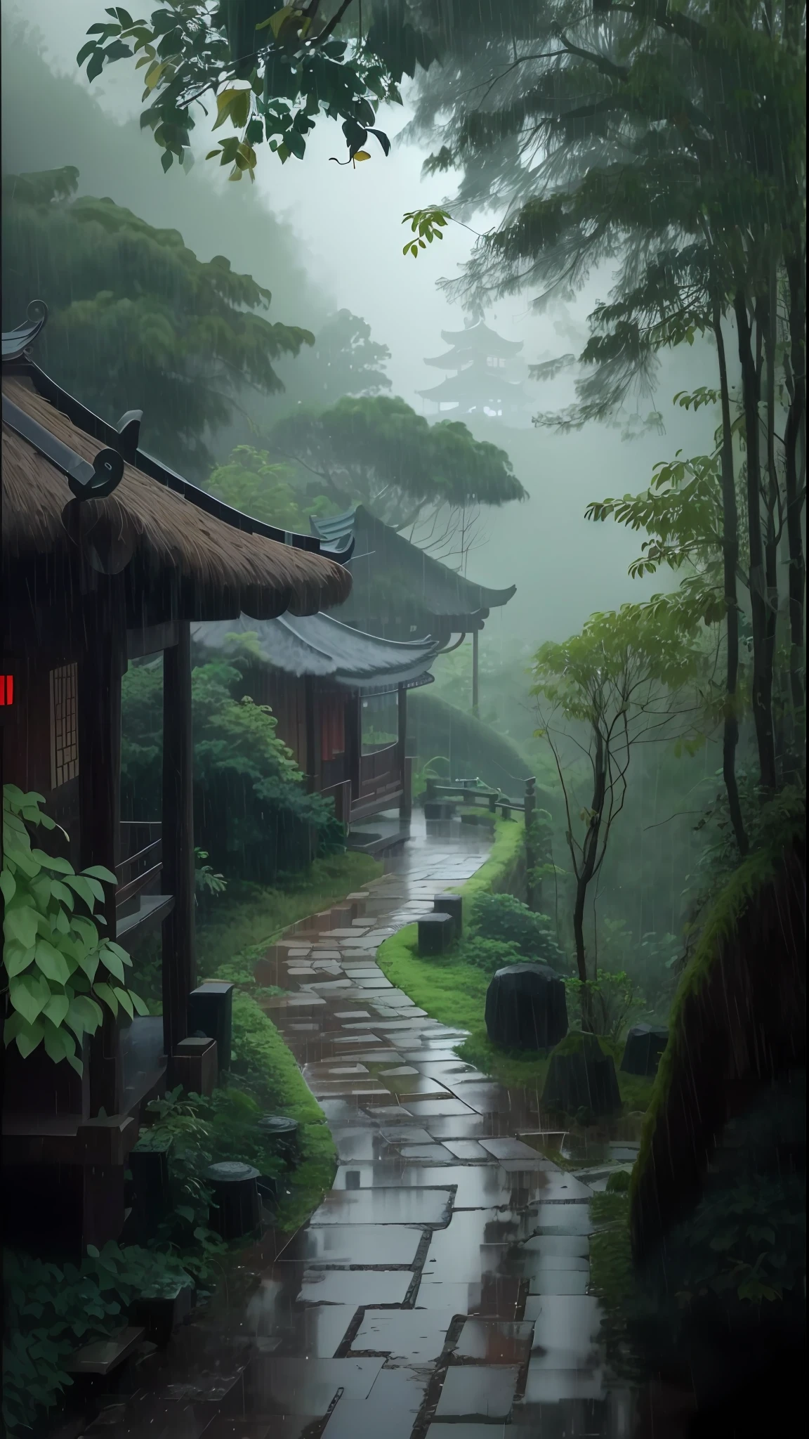 There is a path leading to ancient Chinese architecture in the woods, (muddy path), (shabby + thatched hut), rainy atmosphere, quiet and peaceful atmosphere, rainy environment, roof forest, rainy aesthetics, in rainy environment, foggy rainy day, rainy scene, outside on rainy day, humid atmosphere on rainy day, quiet and peaceful, completely covered in nature, amazing nature in the background, rain falling, rainy atmosphere