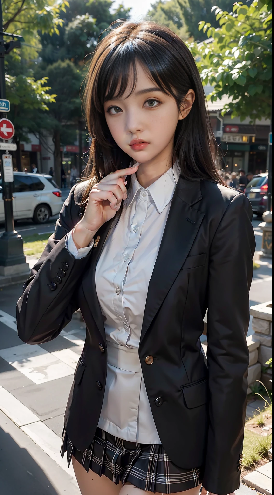best quality, masterpiece, 1girl, Beautiful face, (photo realistic:1.3), rim lighting, (high detailed skin:1.2), 8k uhd, dslr, high quality, high resolution, 4k, 8k, Bokeh, absurdres, best ratio four finger and one thumb, (realistic:1.3), ulzzang, cute kawaii 1girl, wearing black formal blazer, medium breasts, short skirt,