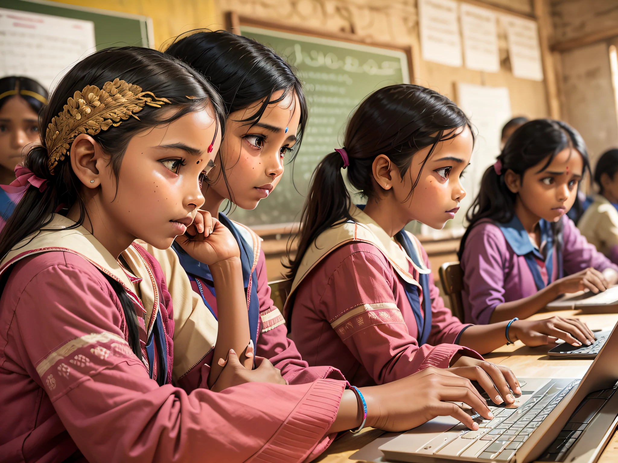 indian village government school girls operating laptop computer system at rural area in india --auto --s2