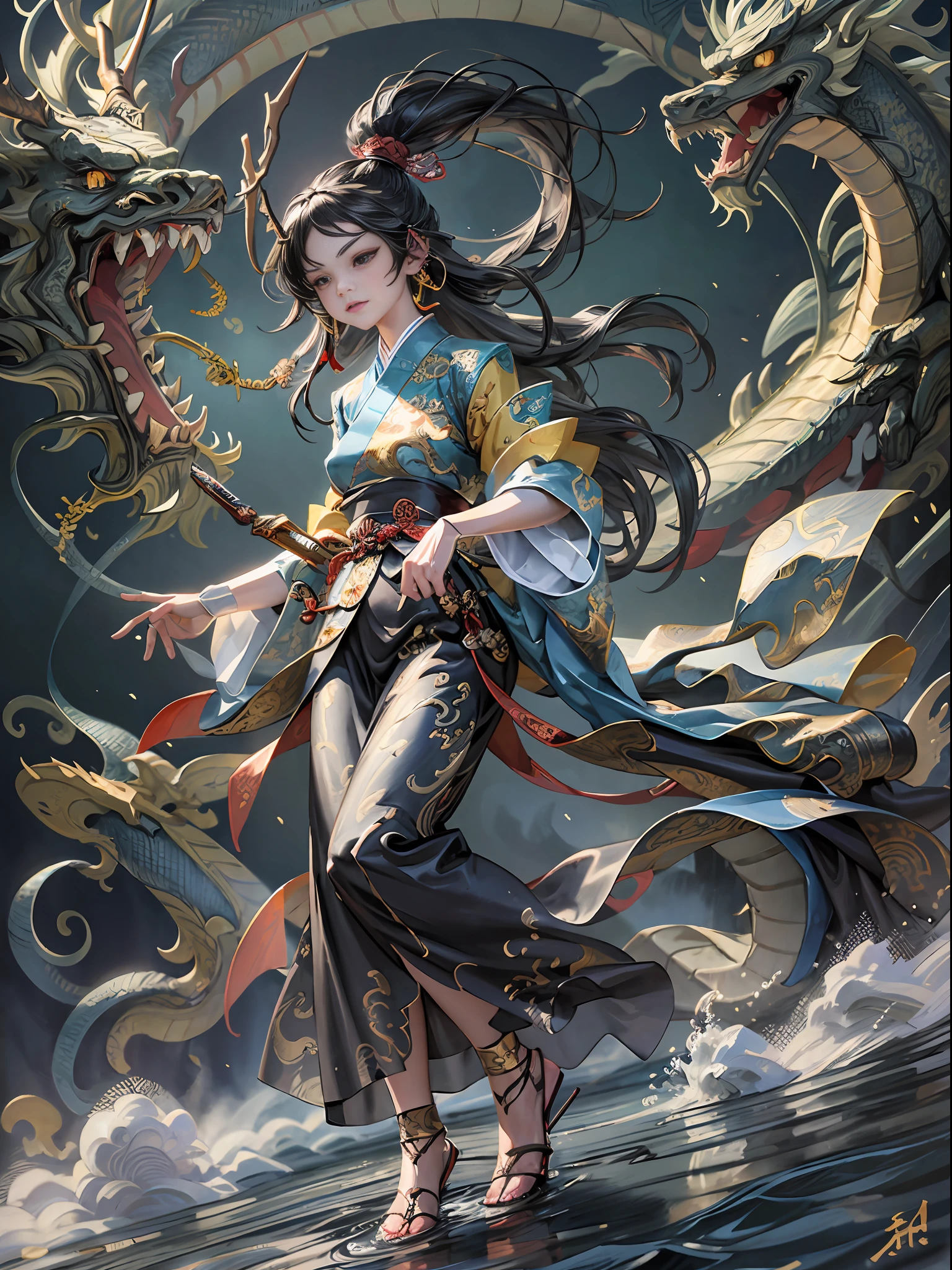 Masterpiece, ((best quality)), 1 girl, full body, hanfu, kunai, delicate face, beautiful eyes, black eyes, firm facial expression, long hair, flying hair, dynamic pose, combat, water, flowing smoke, (flowing ink: 1.3), interior, Chinese architecture, Chinese painting style, full body, gold pattern dress, masterpiece, high definition, extremely detailed wallpaper, perfect lighting, (very detailed CG: 1.2), painting, brush, Chinese dragon, (a drop of water), gold markers on clothes, depth of field, richer details,., above clouds, lightning, lightning background, masterpiece, best quality,