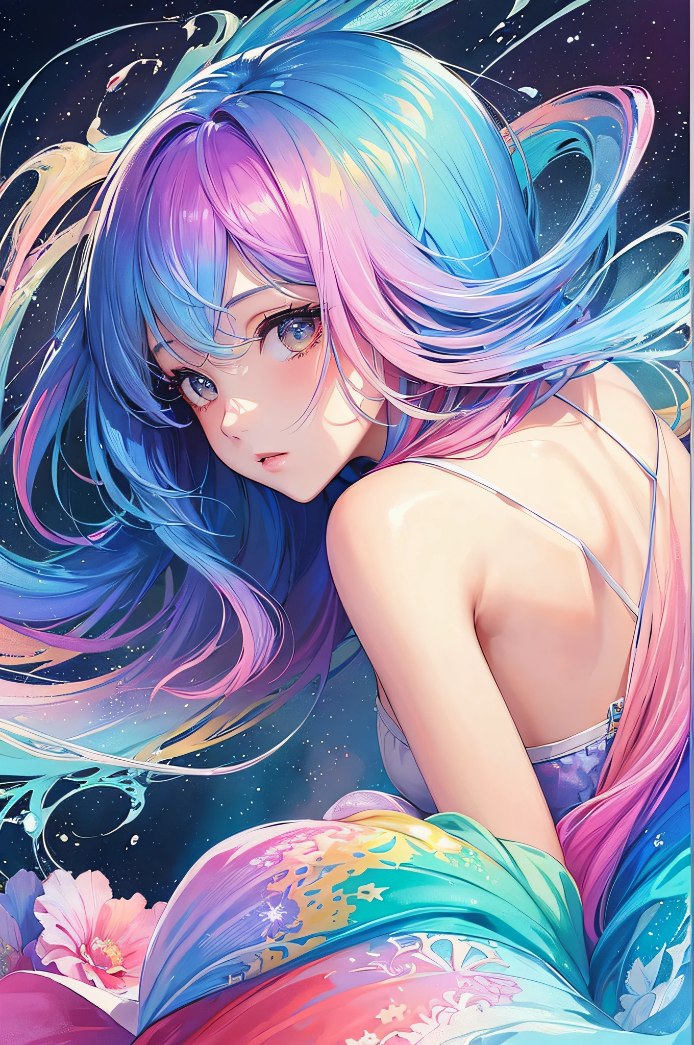 (masterpiece, top quality, best quality,watercolor (medium),official art, beautiful and aesthetic:1.2),(1girl:1.3), (fractal art:1.3),upper body, from side, looking at viewer,patterns,(rainbow color Hair,colorful hair,half blue and half pink hair:1.2),water,liquid, cloud,colorful, starry,stars,