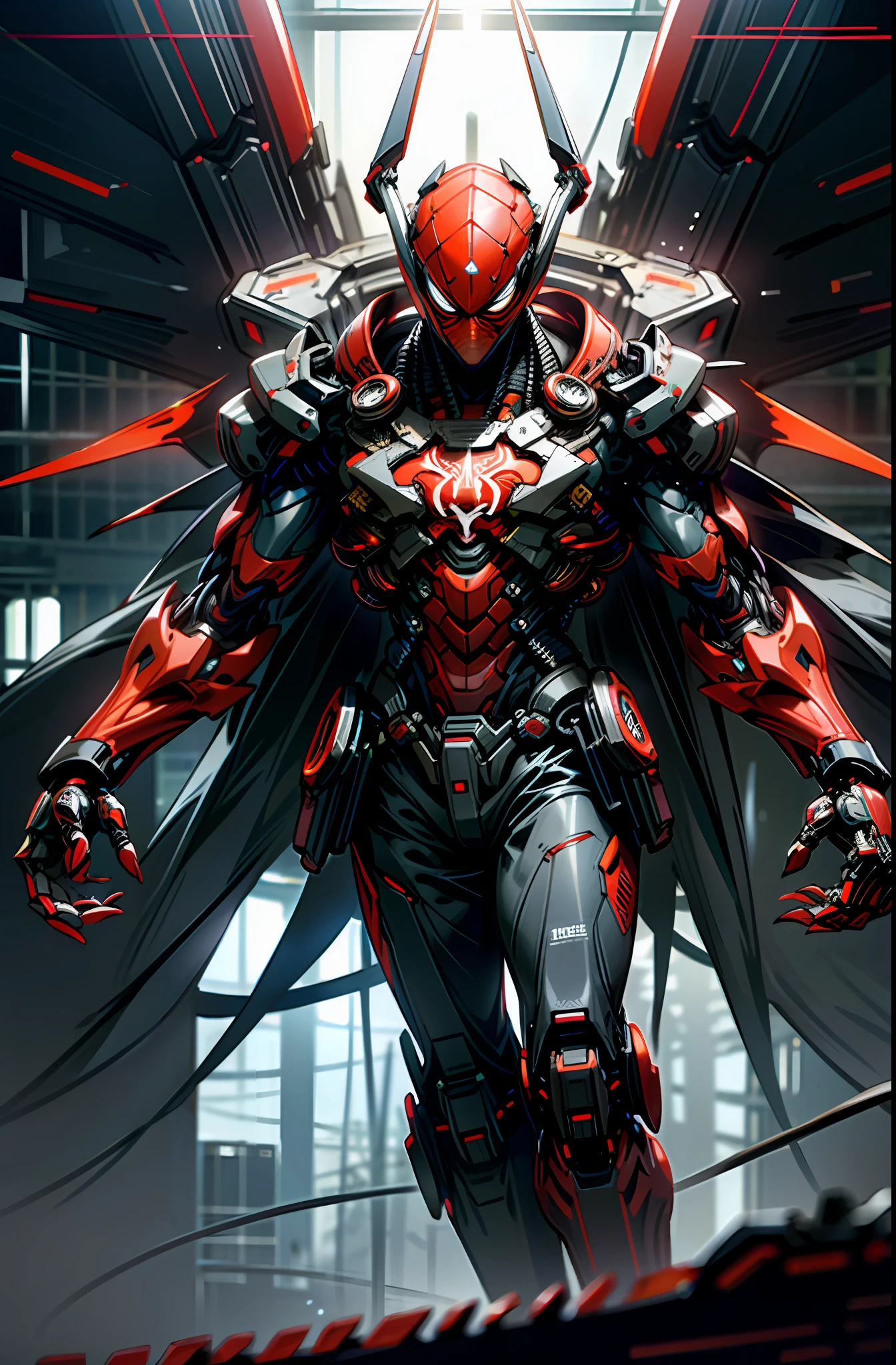 Dark_Fantasy, cyberpunk, (chainsaw, spider-man, red: 1.1), 1man, mechanical wonder, robotic presence, cybernetic guardian,