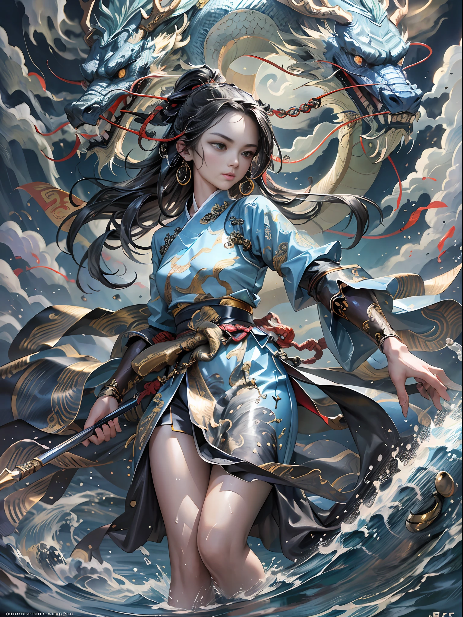Masterpiece, ((best quality)), 1 girl, full body, hanfu, kunai, delicate face, beautiful eyes, black eyes, firm facial expression, long hair, flying hair, dynamic pose, combat, water, flowing smoke, (flowing ink: 1.3), interior, Chinese architecture, Chinese painting style, full body, gold pattern dress, masterpiece, high definition, extremely detailed wallpaper, perfect lighting, (very detailed CG: 1.2), painting, brush, Chinese dragon, (a drop of water), gold markers on clothes, depth of field, richer details,., above clouds, lightning, lightning background, masterpiece, best quality,