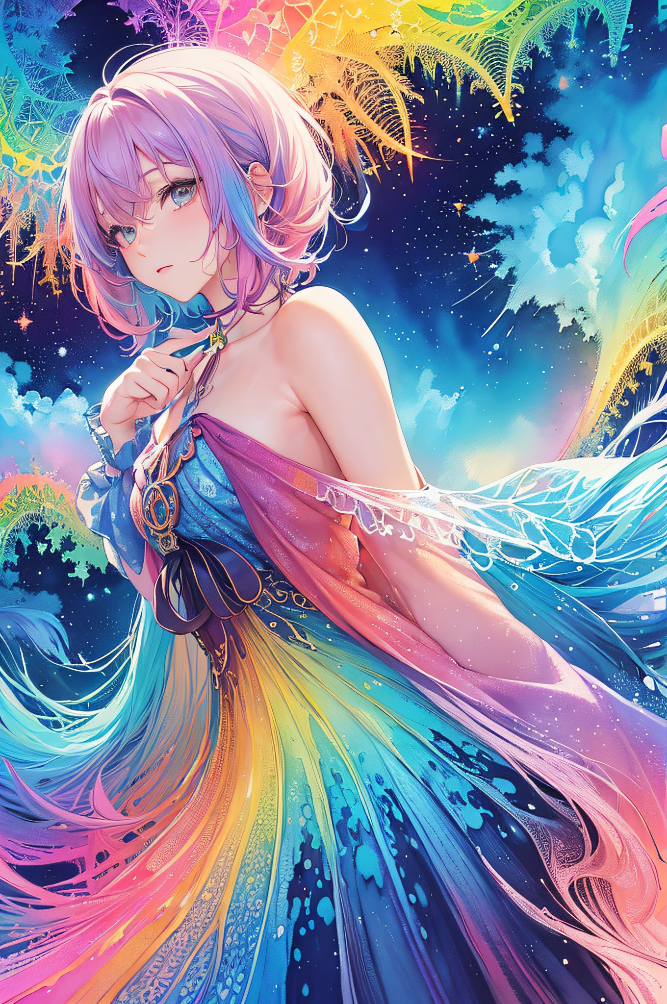 (masterpiece, top quality, best quality,watercolor (medium),official art, beautiful and aesthetic:1.2),(1girl:1.3), (fractal art:1.3),upper body, from side, looking at viewer,patterns,(rainbow color Hair,colorful hair,half blue and half pink hair:1.2),water,liquid, cloud,colorful, starry,stars,
