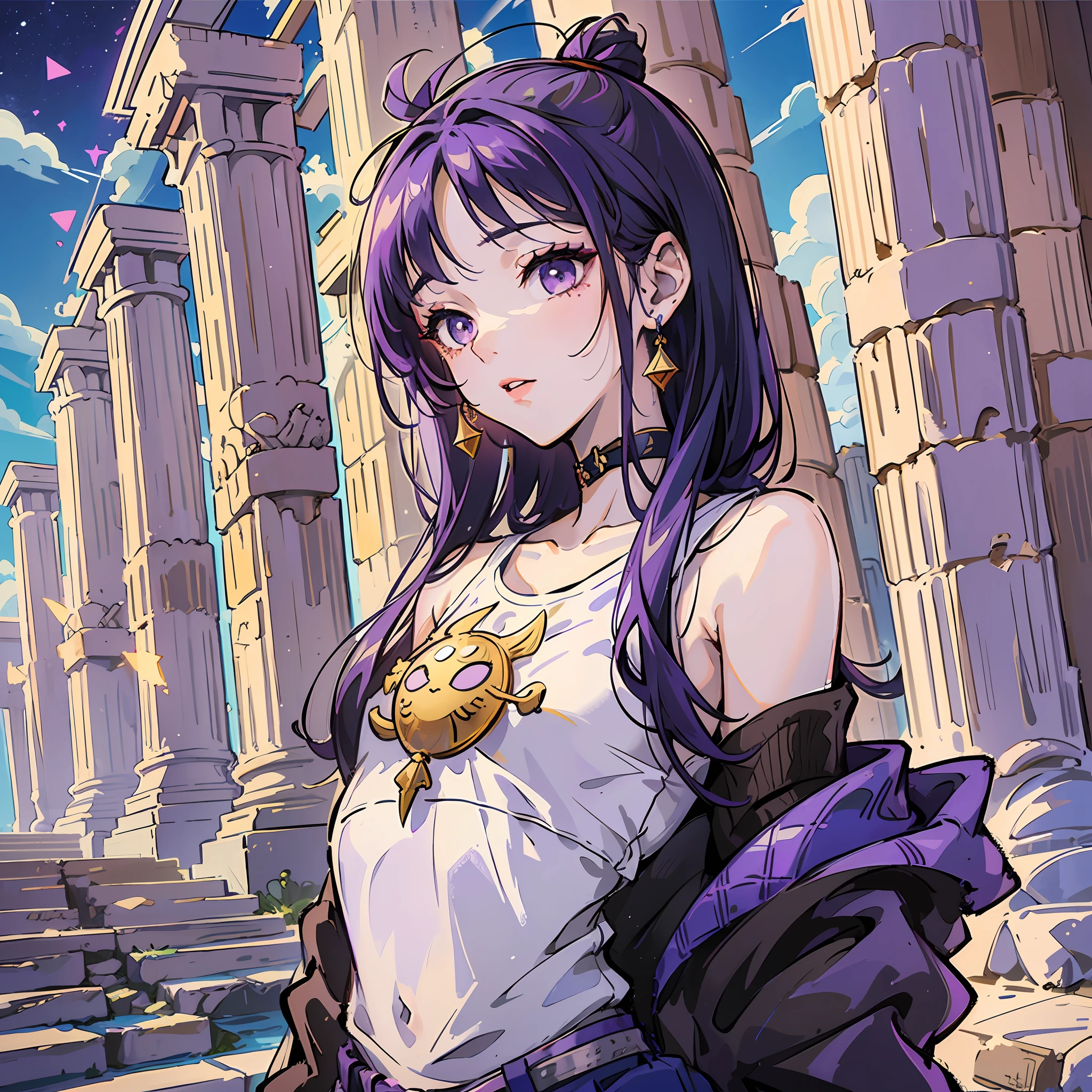 1girl,The T-shirt has the sun god on it.,Purple hair,Lipstick,Perfect body,Background in the pyramid,The Greek Temple,Half-body photo,keqing (genshin impact), --auto --s2