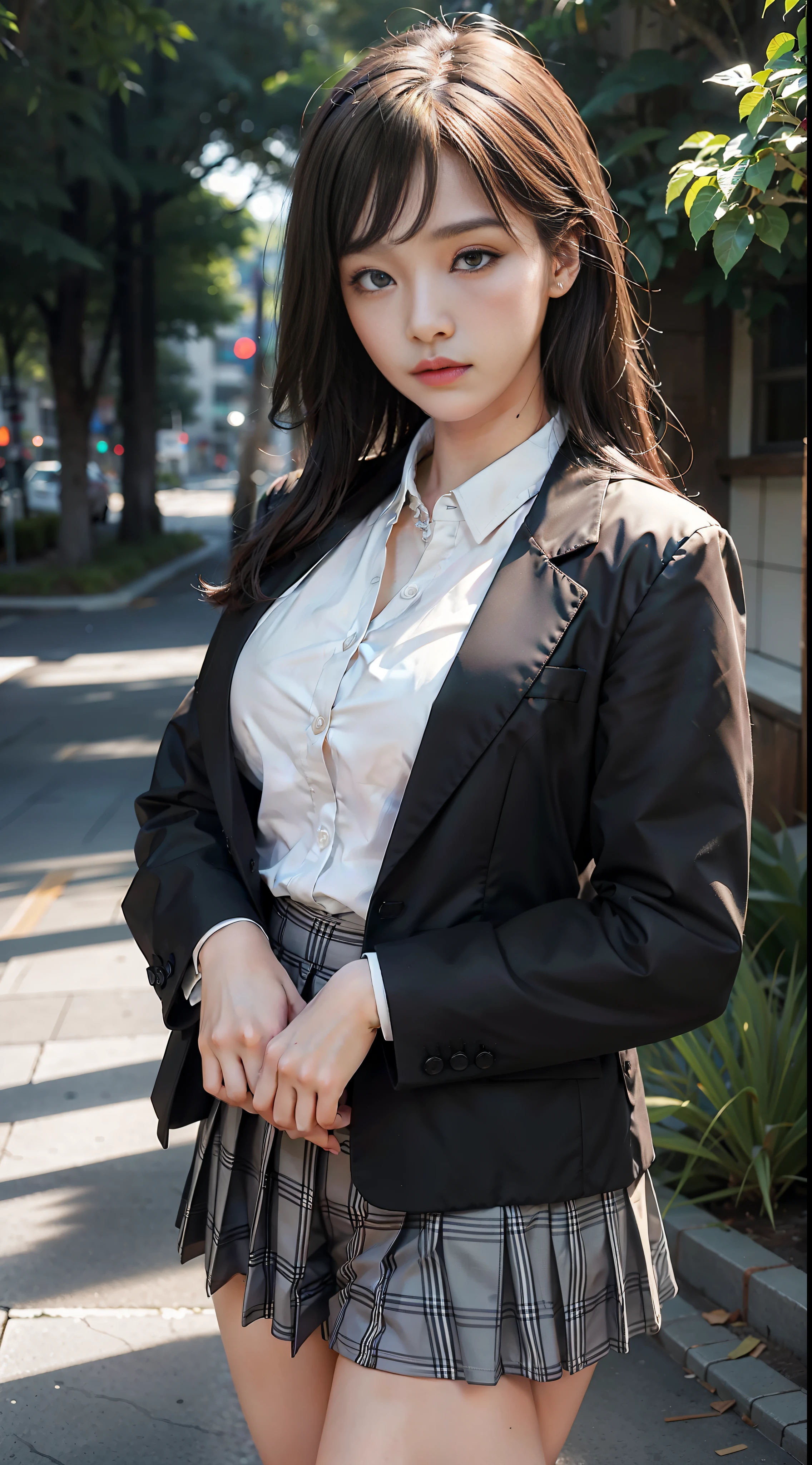 best quality, masterpiece, 1girl, Beautiful face, (photo realistic:1.3), rim lighting, (high detailed skin:1.2), 8k uhd, dslr, high quality, high resolution, 4k, 8k, Bokeh, absurdres, best ratio four finger and one thumb, (realistic:1.3), ulzzang, cute kawaii 1girl, wearing black formal blazer, medium breasts, short skirt,