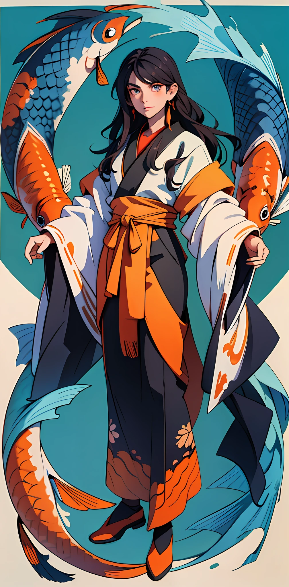 Male, swarthy, blue long hair, orange eyes, detailed, full length , koi carp