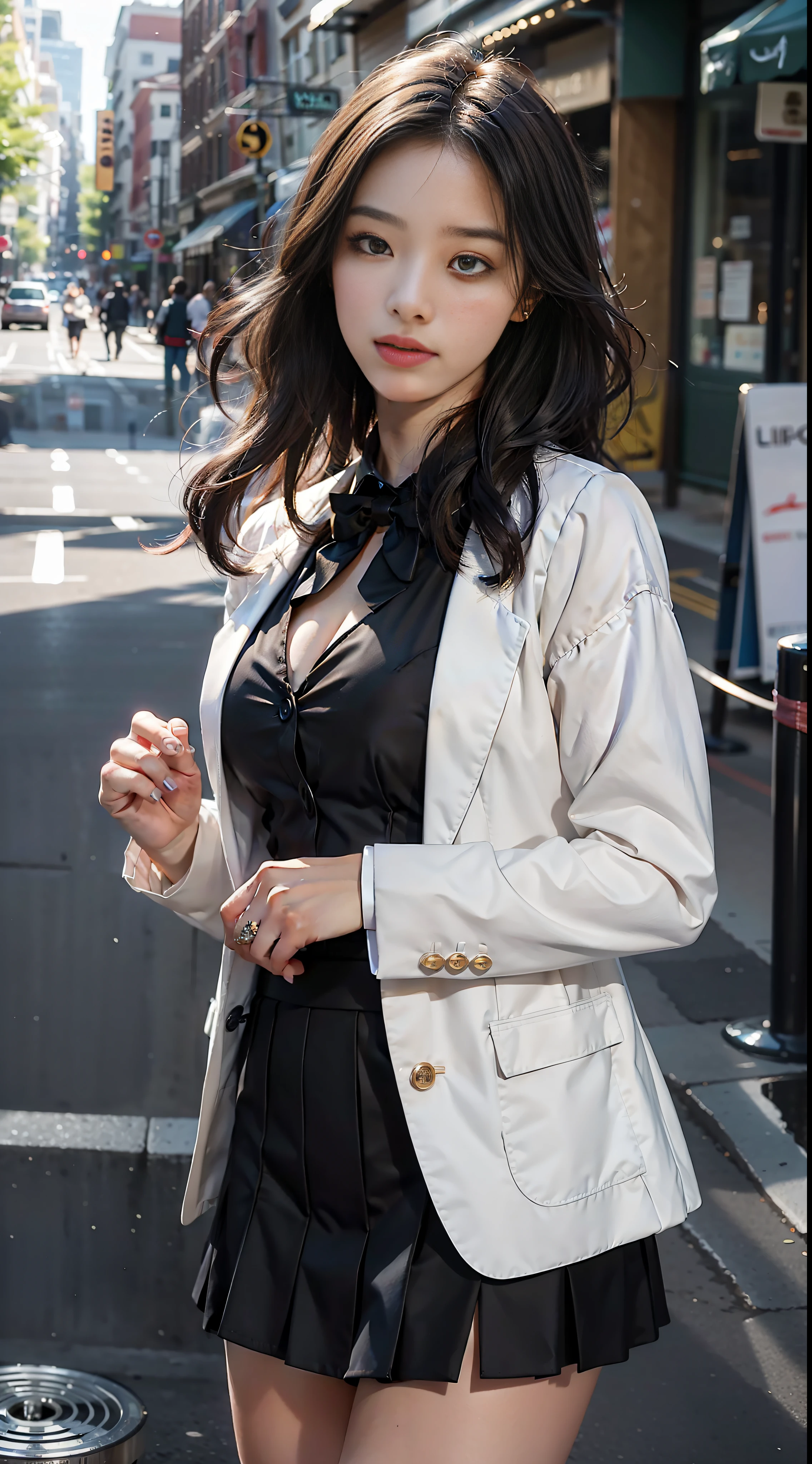 best quality, masterpiece, 1girl, Beautiful face, (photo realistic:1.3), rim lighting, (high detailed skin:1.2), 8k uhd, dslr, high quality, high resolution, 4k, 8k, Bokeh, absurdres, best ratio four finger and one thumb, (realistic:1.3), ulzzang, cute kawaii 1girl, wearing black formal blazer, medium breasts, short skirt,