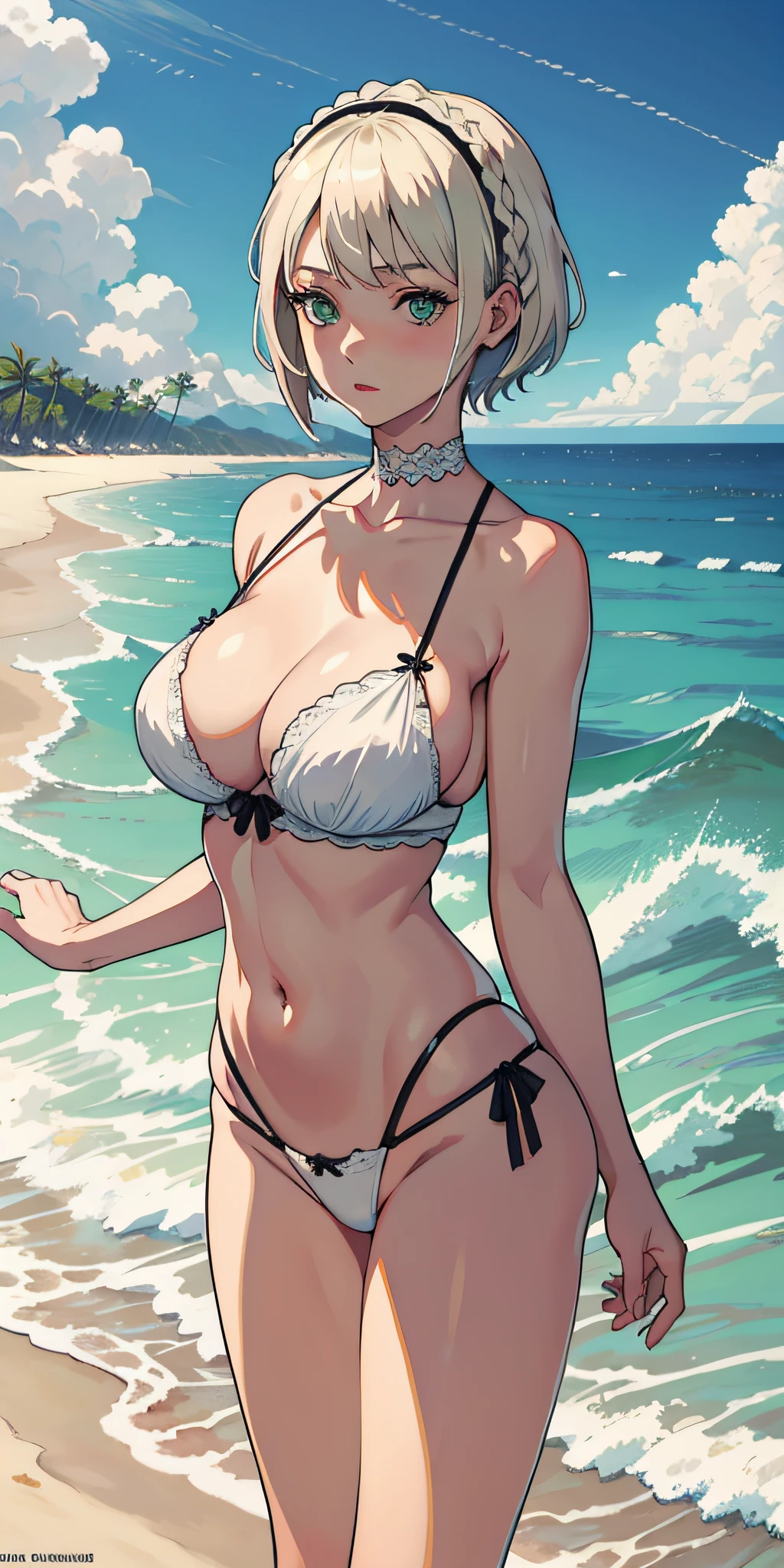 Masterpiece, best quality, nsfw, 1girl, platinum blonde, short hair, green eyes, braids, huge and lively breasts, at the beach, white evening, erotic lingerie, braless, thong, poker face, front view, lively, chase