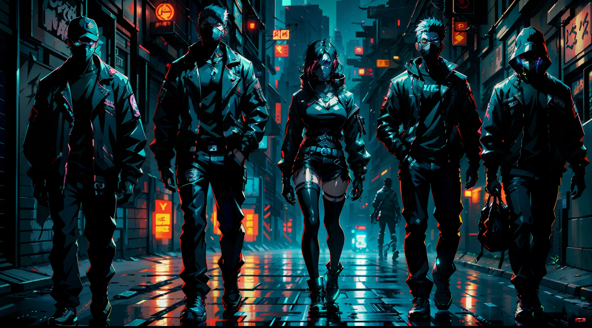 Femme magnifique, 3 Men standing at night on a city street, modern cyberpunk anime, cyberpunk noir, night, moon, cyberpunk city, dark and gloomy alley, garbage bug, high detail, high quality, neon lights aside, standing guy and 3 grown men, rough-looking men, stylized urban fantasy artwork, cyberpunk digital anime art, cyberpunk anime art, cyberpunk anime art, cyberpunk anime art, cool anime 8k, Shadowrun character art, cyberpunk art style, shadowrun intro, cyberpunk street, cyberpunk anime, cyberpunk character art, CGsociety cyberpunk art, cyberpunk themed art, detailed faces