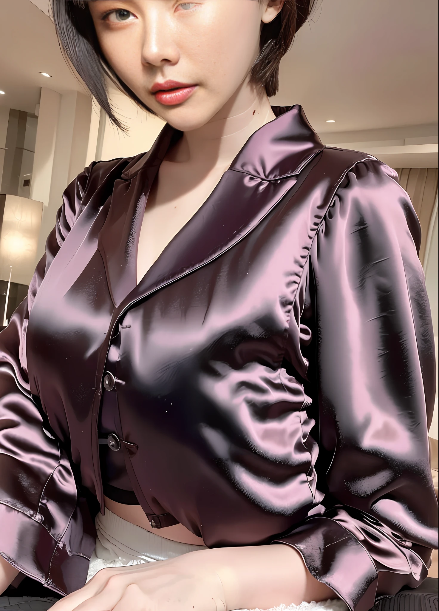 top quality, high resolution, ultra-detailed, wear a satin wrench coat, the material of the satin wrench coat and satin blouse is shiny, soft and smooth to the touch, the buttons of the satin wrench coat are large, the buttons in front of the satin wrench coat are fastened, and the underwear is not worn, the collar of the satin blouse must be taken out of the satin wrench coat, Body-fitting satin blouse, chest is C cup, Japan fashion model, wearing a shirt, wearing a coat, one beauty, the place is the hotel bedroom, the eyes are clear double, Wet lips and appeal, the subject is alone, the subject's face is all on the screen, inviting provocative expression, sleeping on your back on the bed,