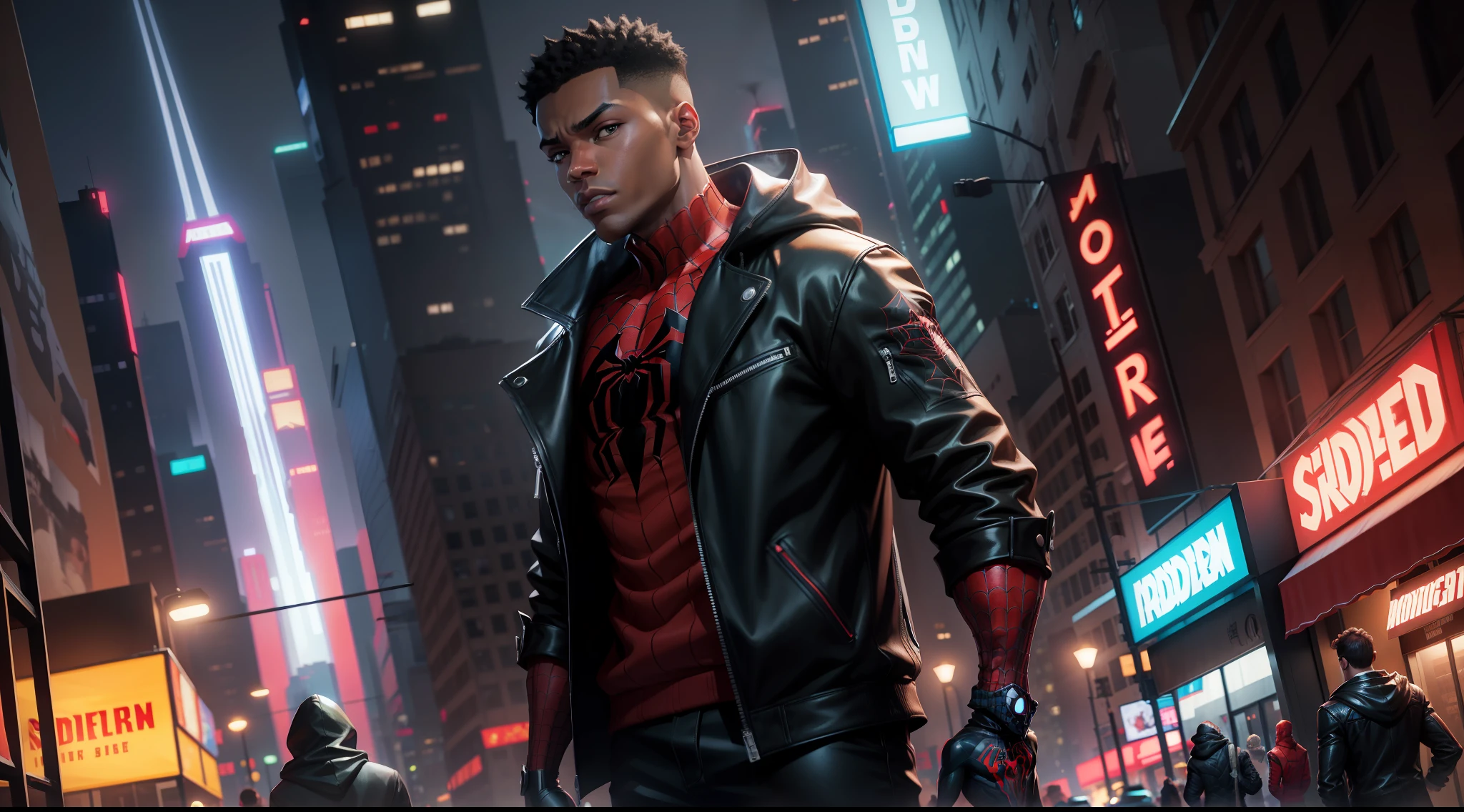 noir spider man - spider - man and spider - man in a dark city, spider - verse art style, into the spiderverse, spiderverse, into the spider verse, futuristic style spiderman, miles morales!!!, 3840 x 2160, 3840x2160, miles morales, hq 4k wallpaper, rendered in sfm, super detailed render