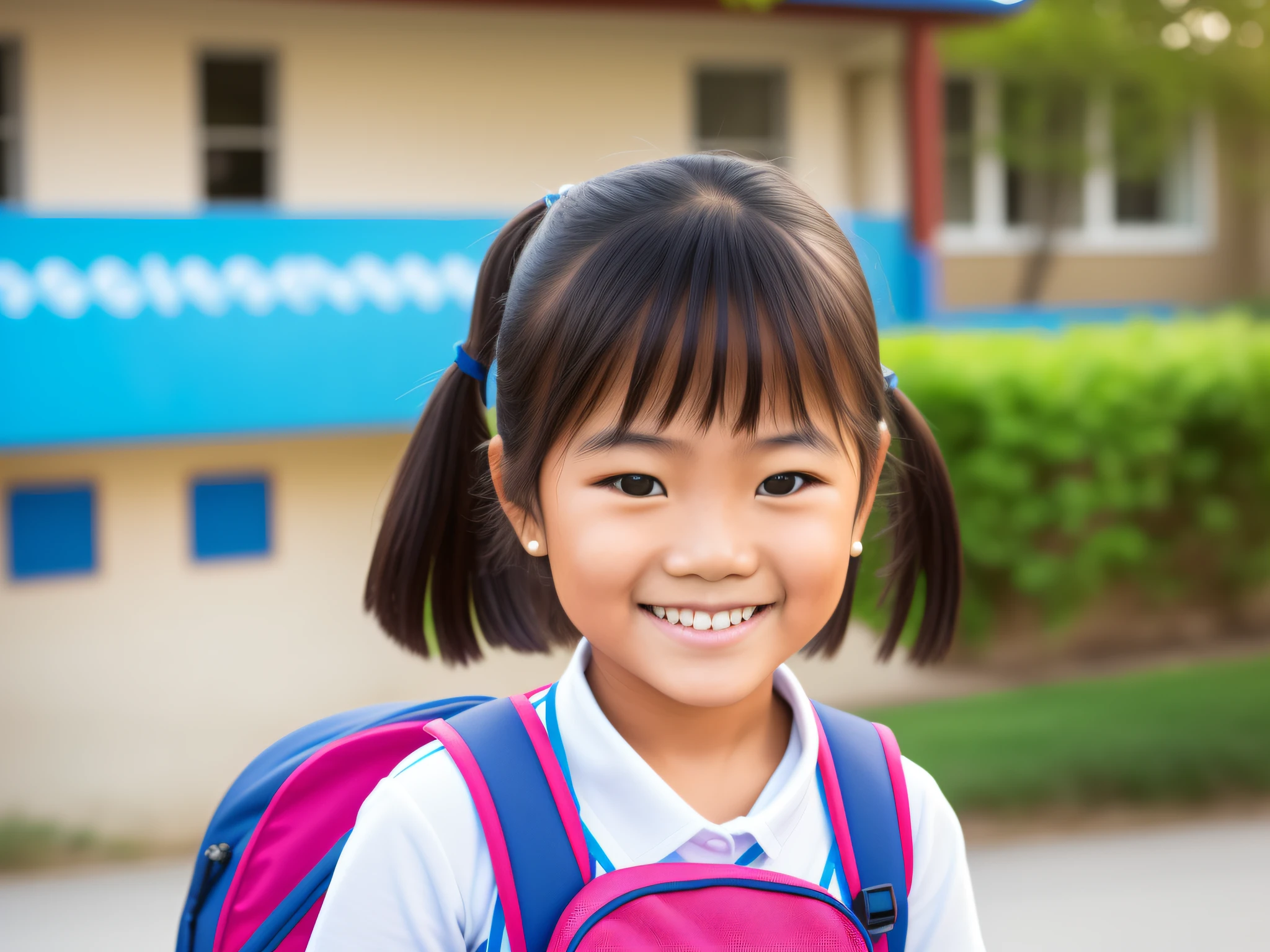 Smiling student girl wearing school backpack and holding exercise book. Portrait of happy asian young girl outside the primary school. Closeup face of smiling hispanic schoolgirl looking at camera. --auto --s2