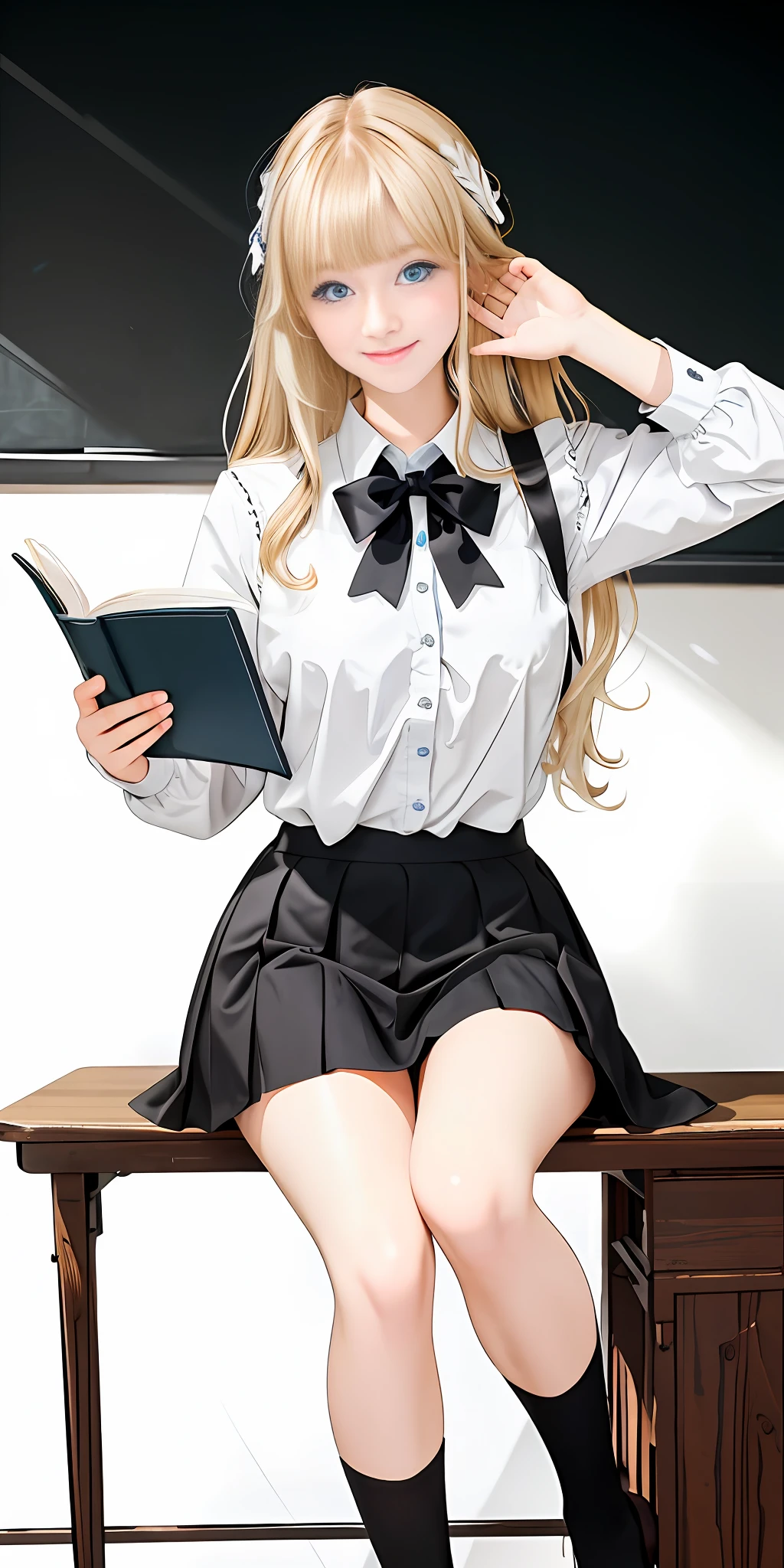 Girl sitting on table holding book, realistic schoolgirl, fine details. girl front, teenage student, from girl front, beautiful high school girl, girl front style, female student, in classroom, white school uniform, black short skirt, black socks standing in class, teaching costume long blonde hair, slightly curly hair, black bow ((ruffling hair)) laughing (thick bangs) blue eyes (three-dimensional facial features) double eyelids