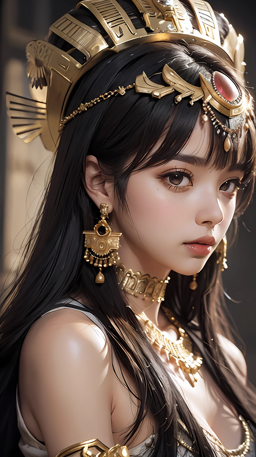 Best quality masterpiece photograph of sexy Egyptian pharaoh wearing ancient Egyptian traditional dress, huge breasts, ornate Egyptian headdress, earrings, black hair, fringe cut bangs, jewelry necklace, detailed skin texture, detailed cloth texture, detailed face, super detail, 8k, intricate detail, ancient Egyptian background, chiaroscuro, strong light and shadow, cinematic lighting, nighttime, depth of field f/2.8