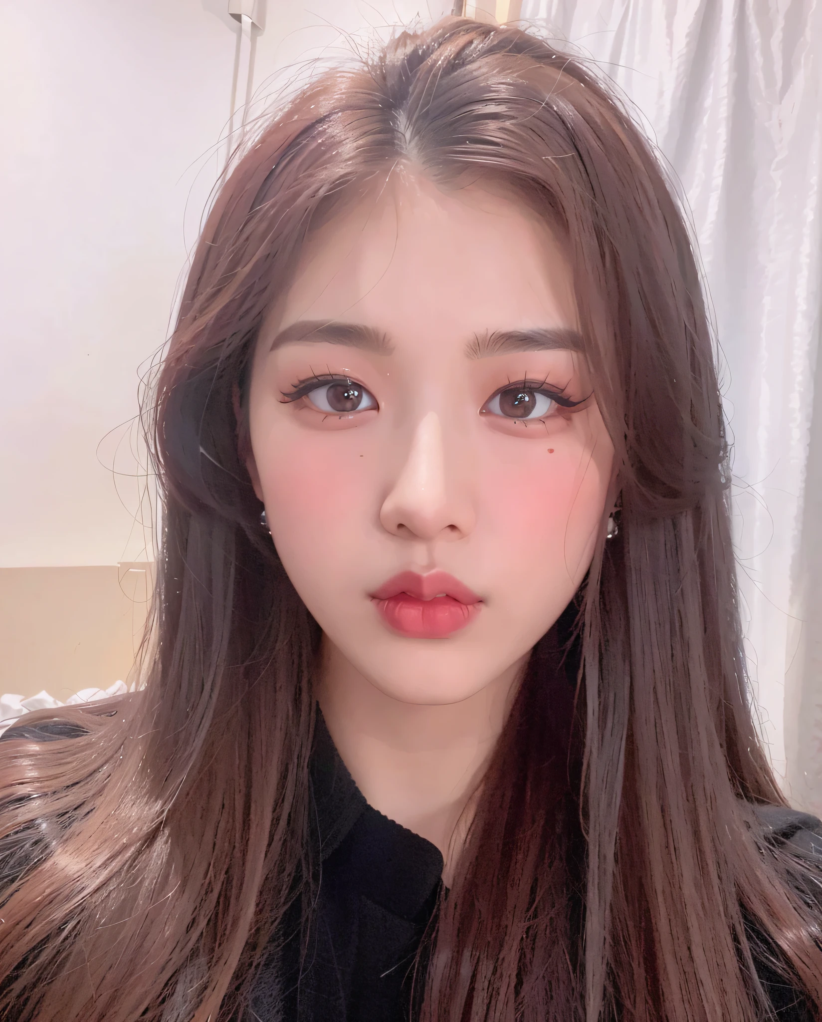 arafed woman with long brown hair and red lipstick posing for a picture, jinyoung shin, sakimichan, jaeyeon nam, portrait of jossi of blackpink, ulzzang, heonhwa choe, popular south korean makeup, 8k selfie photograph, park ji-min, bbwchan, popular korean makeup, hwang se - on