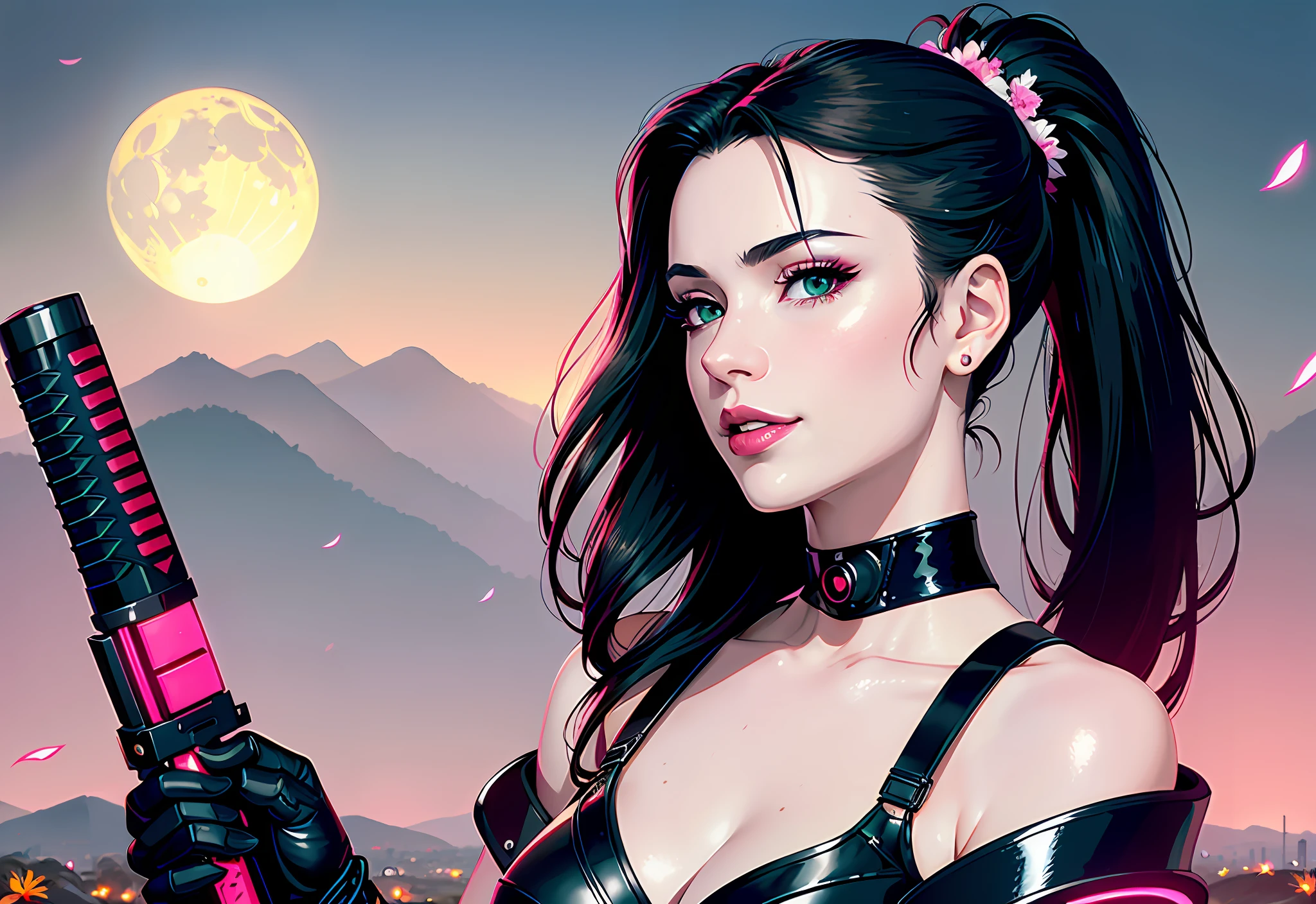 masterpiece, best quality, 1woman, (finely detailed beautiful eyes and detailed face), cinematic lighting, extremely detailed 8k CG unit wallpaper, solo, smile, ((flying petals)) ,(flowery meadow), overcast sky, waning moon, night, (dark theme: 1.2), fantasy, (cyberpunk future japan: 1.5), she has long black hair with ponytail, green eyes, white skin, wears makeup,  lipstick, choker, nice cyberpunk Japanese clothes, she's a mercenary from a cyberpunk game, ((she's holding a shiny cyber-katana: 1.5, strong grip)), depth of field, she's looking to the side, futuristic cyberpunk landscape of Japan city, far-angle shot,