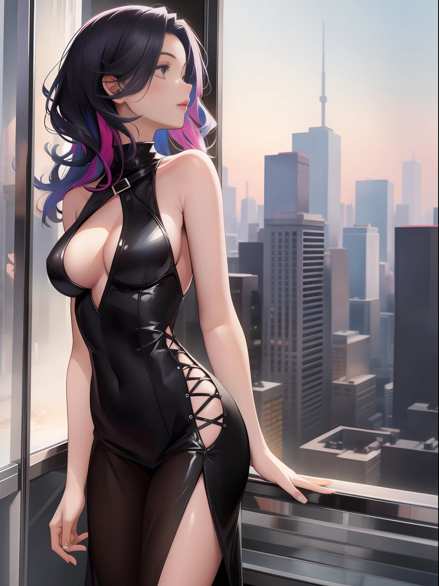 window, high skyscraper, 1 beautiful seductive woman, seductive figure,colorful hair,medium breasts,black dress,looking,city,seen,above