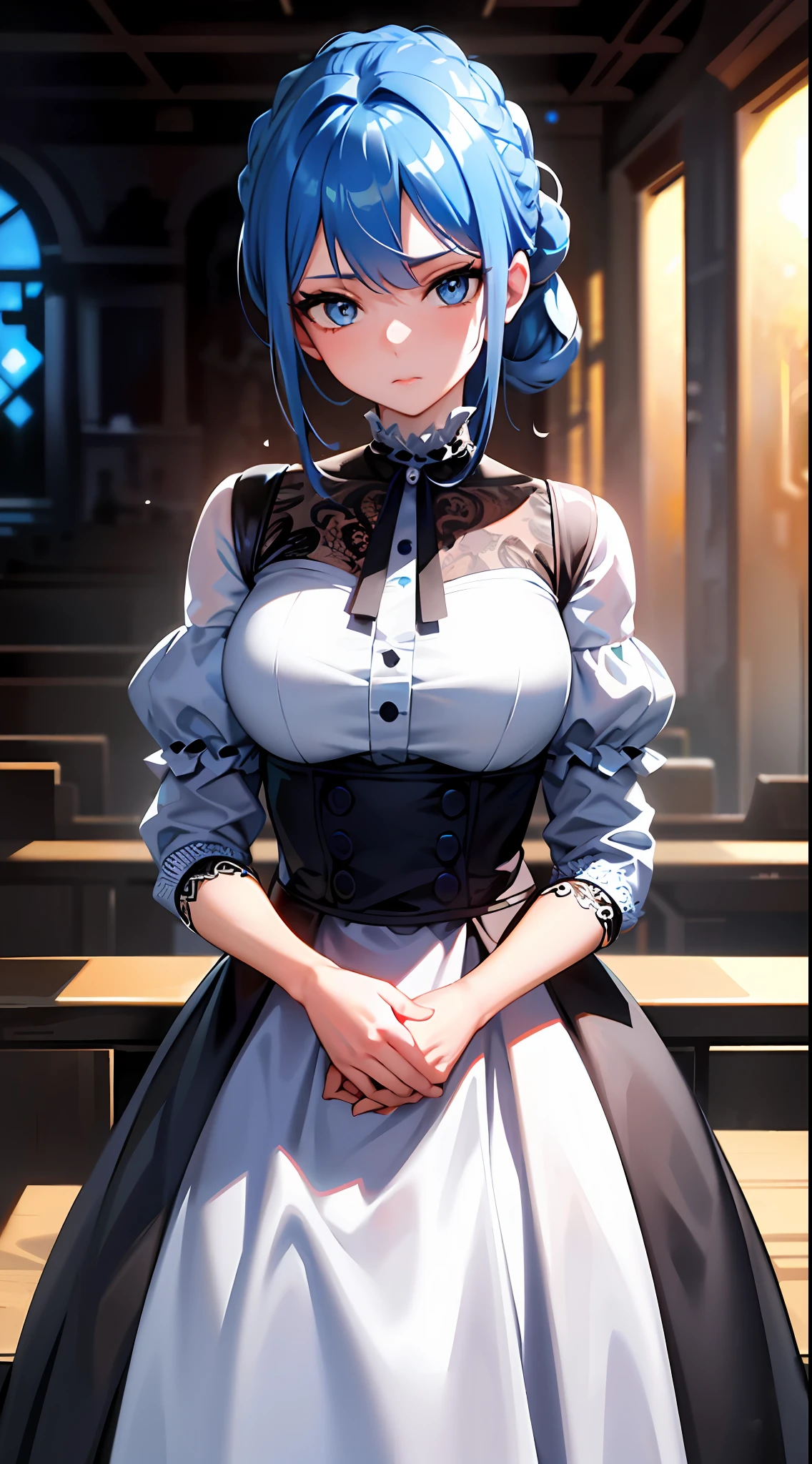 ((masterpiece)), (best quality), (detailed), (1girl), blue hair, blue eyes, updo, white shirt, black dress, looking down on the audience